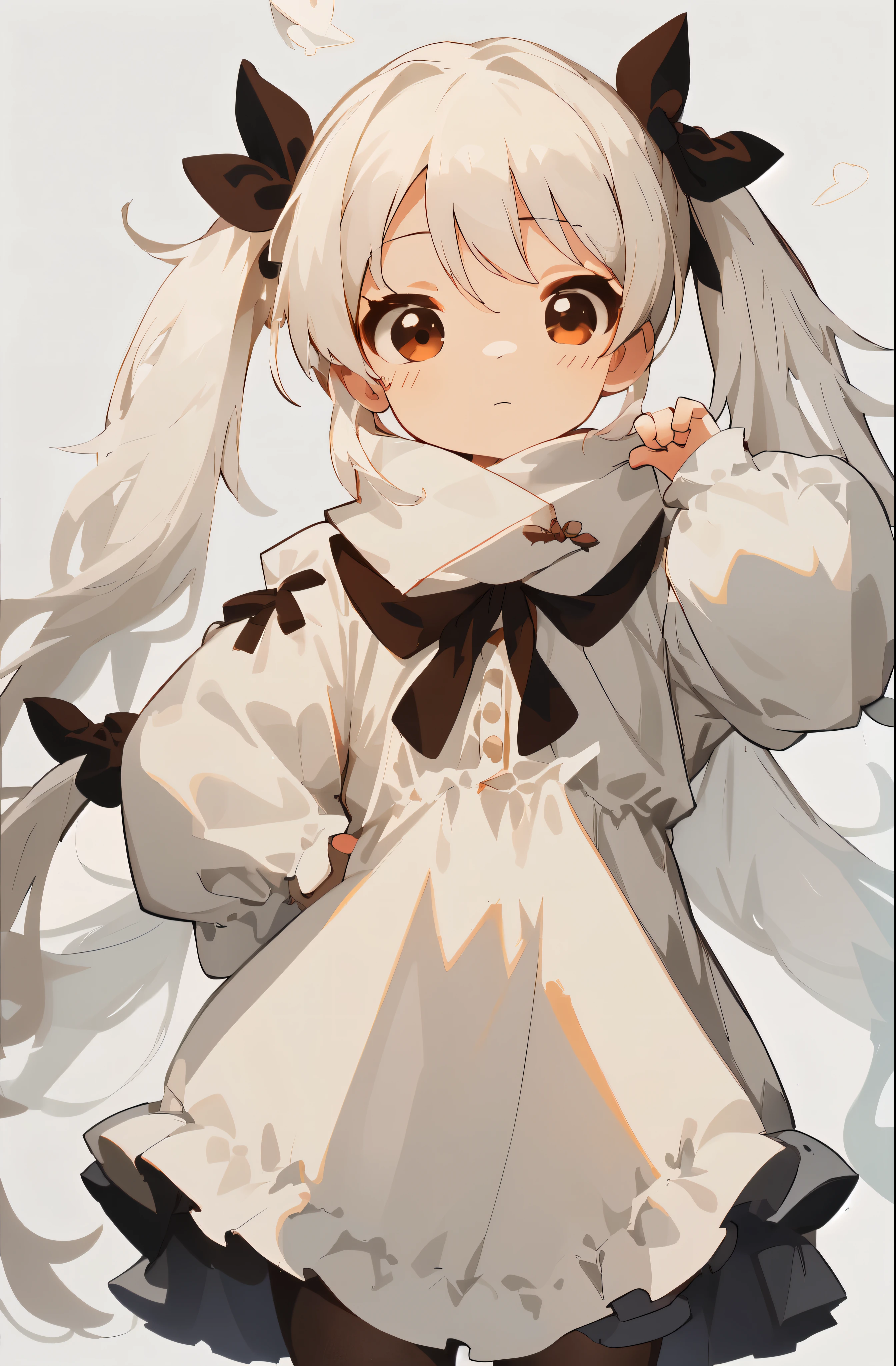 ridiculous, 1 girl, brown eyes, Double tail, long hair, white hair, Keep your eyes open, eyelash, looking at the audience, twitchexpression, Upper body, White background, t-shirt, chibi, expression, for the audience, (:3:1.0), blush