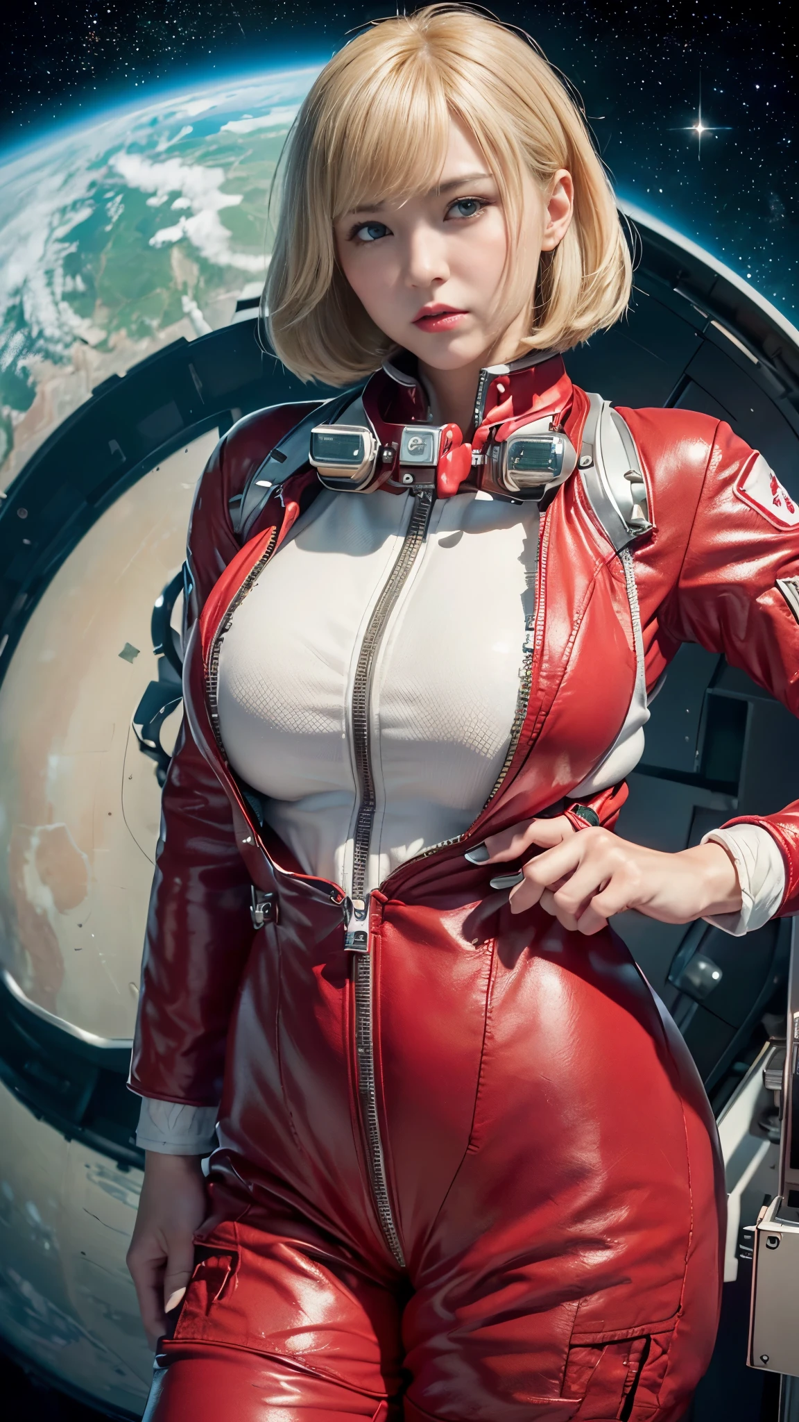 Sayla Mass,mature female,perfect hands, perfect finger,perfect anatomy, masterpiece, best quality,realistic, hyperrealistic, 16k hdr, eff pilot,light yellow flight suit,gundamwingcockpit,large breasts,from below,sitting,spread legs,blonde hair,bobcut,open zipper,navel,,no bra,cleavage,necklace,sweat,(orgasm:1.2),red blush,open mouth,from above