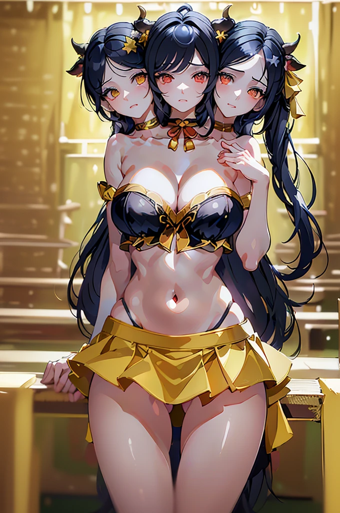 (masterpiece, best quality),best quality, (ultra-detailed), (3heads:1.4), 1girl, (ushizaki urumi:1.3), masterpiece, best quality, white top, crop top, ((stomach)), midriff, ((groin)), yellow skirt, normal ears, shackles, black hair, very long hair, wavy hair, sidelocks, red eyes, parted lips, single horn, sweat, cute, toned belly, hand on own chest, eyelashes, (25 year old woman:1.3), (masterpiece:1.4), (best quality:1.4), (beautiful detailed extremely detailed CG, extremely delicate and beautiful, depth of field, (finely detailed face), (perfect details:1.1), (mature female:1.3), wide pelvis, slender, large veiny breast, 8k resolution, high quality, high definition, extremely detailed, masterpiece, best quality, black hair, long hair, alluring presence, braid, short skirt, close up, big tits, young, star hair ornament, yellow ribbon, side ponytail, cabbie hat, hair ornament, two-tone hair, split-color hair, japanese clothes, horns, cow girl, cow horns, 