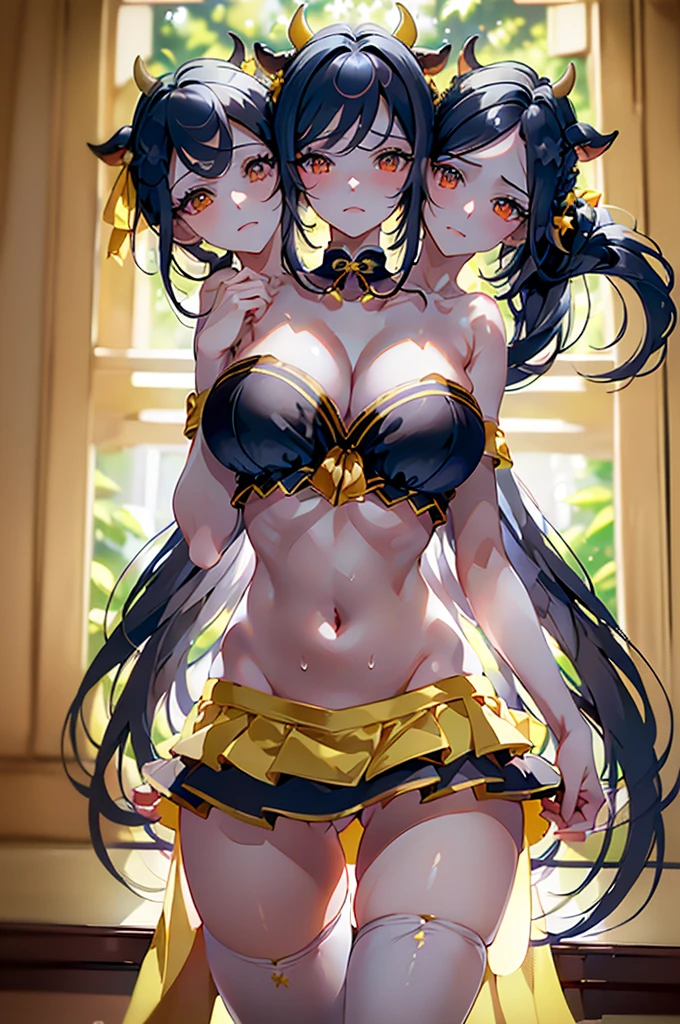 (masterpiece, best quality),best quality, (ultra-detailed), (3heads:1.4), 1girl, (ushizaki urumi:1.3), masterpiece, best quality, white top, crop top, ((stomach)), midriff, ((groin)), yellow skirt, normal ears, shackles, black hair, very long hair, wavy hair, sidelocks, red eyes, parted lips, single horn, sweat, cute, toned belly, hand on own chest, eyelashes, (25 year old woman:1.3), (masterpiece:1.4), (best quality:1.4), (beautiful detailed extremely detailed CG, extremely delicate and beautiful, depth of field, (finely detailed face), (perfect details:1.1), (mature female:1.3), wide pelvis, slender, large veiny breast, 8k resolution, high quality, high definition, extremely detailed, masterpiece, best quality, black hair, long hair, alluring presence, braid, short skirt, close up, big tits, young, star hair ornament, yellow ribbon, side ponytail, cabbie hat, hair ornament, two-tone hair, split-color hair, japanese clothes, horns, cow girl, cow horns, 