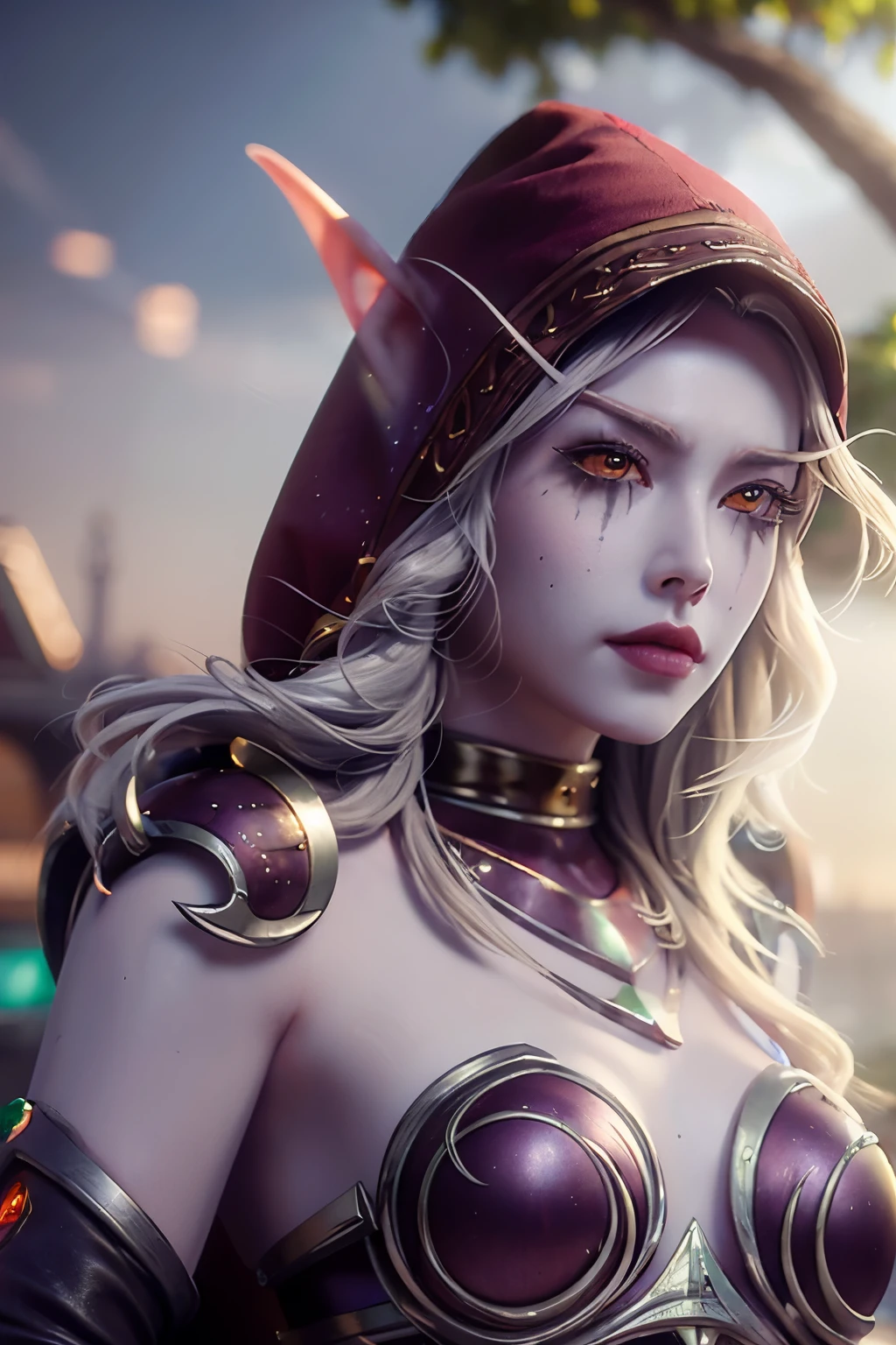 realistic, realism, photorealism, photorealistic, high contrast, (photorealistic:1.4), 8k high definition detailed realistic, (best quality, masterpiece:1.2), NSFW, photon mapping, radiosity, physics-based rendering, best quality, highly detailed,sylvanas, elf, elf ear, elf ear, red eyes, hood up, full body, look at viwer, semi-nude body, big tits, body fit, hourglass body, defined face, defined eyes, texture 4k