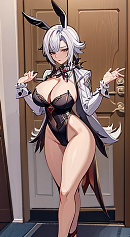 NSFW, arlecchino, arlecchino from genshin impact, big tits, super huge tits, cool girl, a quiet and serious girl, badass, firm expression, erotic model pose, full body, hot milking, mommy, will dominate me, hot body, lewd girl, waiting for sex, very begging for sex, Can't resist lustful desires, ((greeted behind the door)), bunny girl, bunny ears