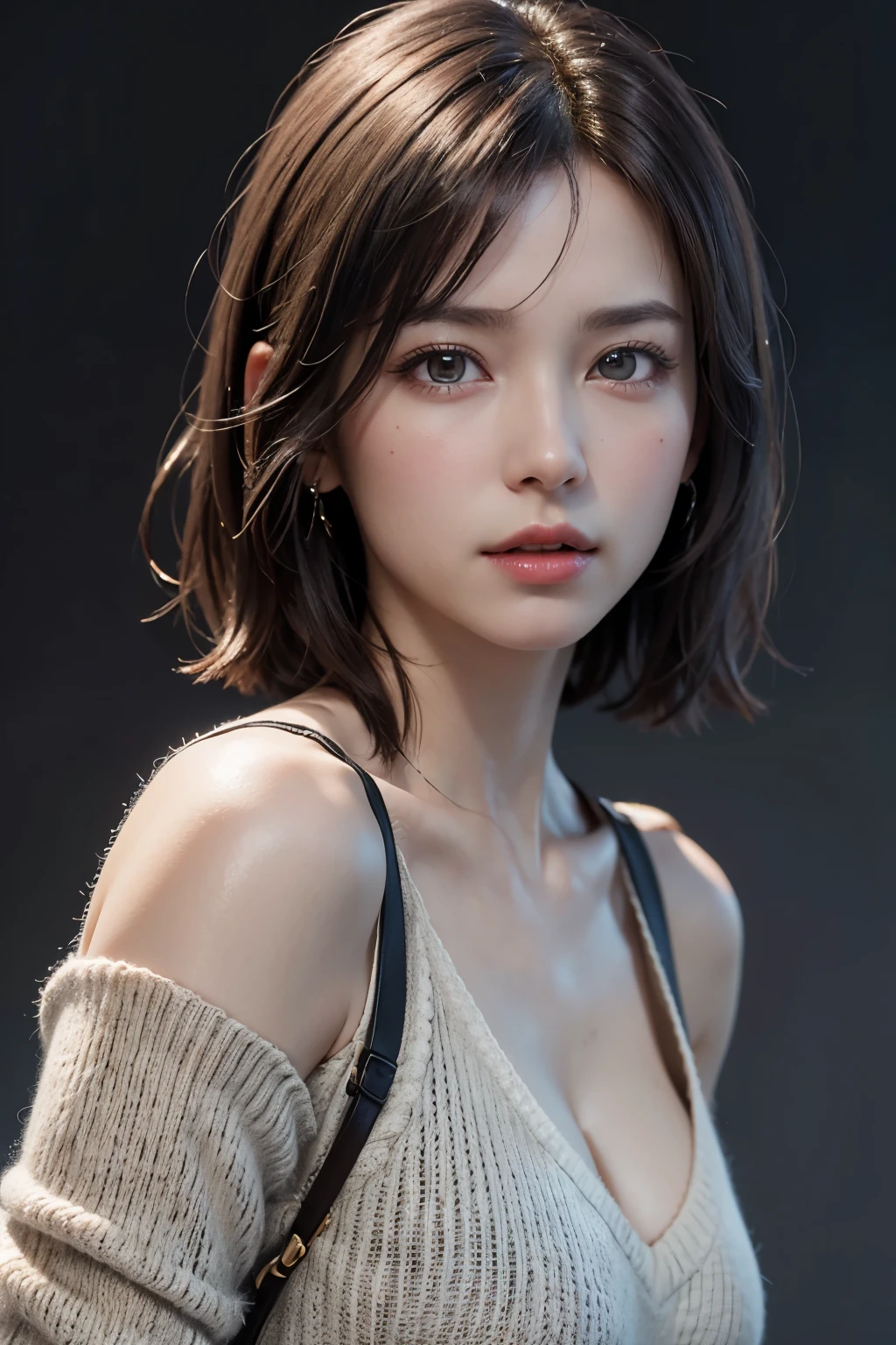 (Representative Works: 1.3), (8k, photorealistic, raw photos, Highest image quality: 1.4), (30 years old mature woman),small face, beautiful face, (realistic face),no makeup、natural makeup、light makeup、 (Dark brown, short hair: 1.3), beautiful hairstyle, realistic eyes, beautiful detailed eyes, (Photorealistic skin), beautiful skin, (sweater),small chest、Bust B Cup、 disorganized, Charm, 超High definition, Super realistic, High definition, golden ratio, FF Tifa、Gray background、