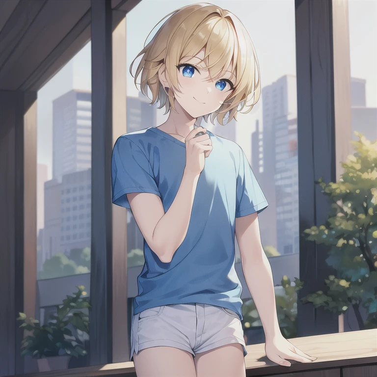 masterpiece, best quality, HDR, 1boy, solo, straight hair, short hair, blonde hair, blue eyes, white t-shirt, blue shorts, standing, smile