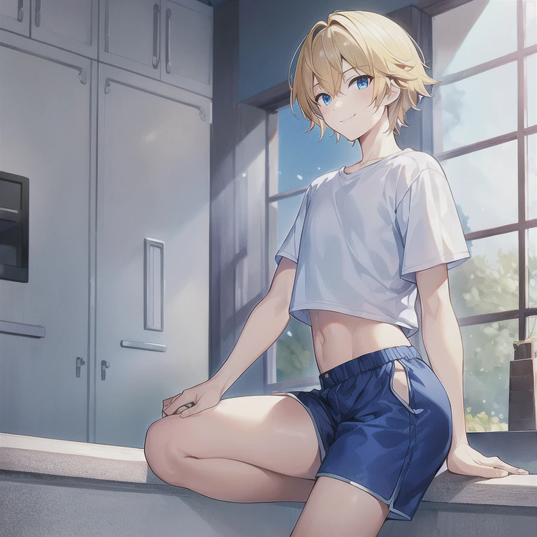 masterpiece, best quality, HDR, 1boy, solo, straight hair, short hair, blonde hair, blue eyes, white t-shirt, blue shorts, standing, smile