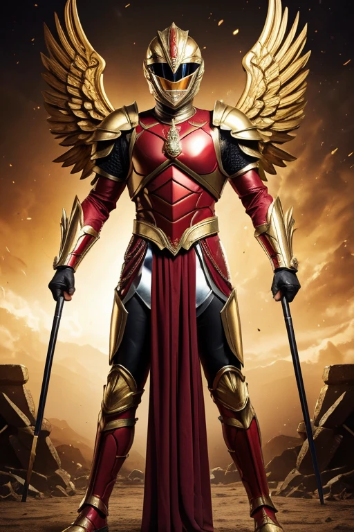 an extremely handsome young man, 18 years old, {{{slightly tanned skin and black hair and black eyes with an athletic and naked body underneath the armor}}}, {{{with red armor and some gold details}}} , {{{details of the wings on the tiara}}}, create a Power Rangers theme, knight, ancient dress, full body, Olympic athletes, {{{showing the face}}}, realistic image, helmet in hand