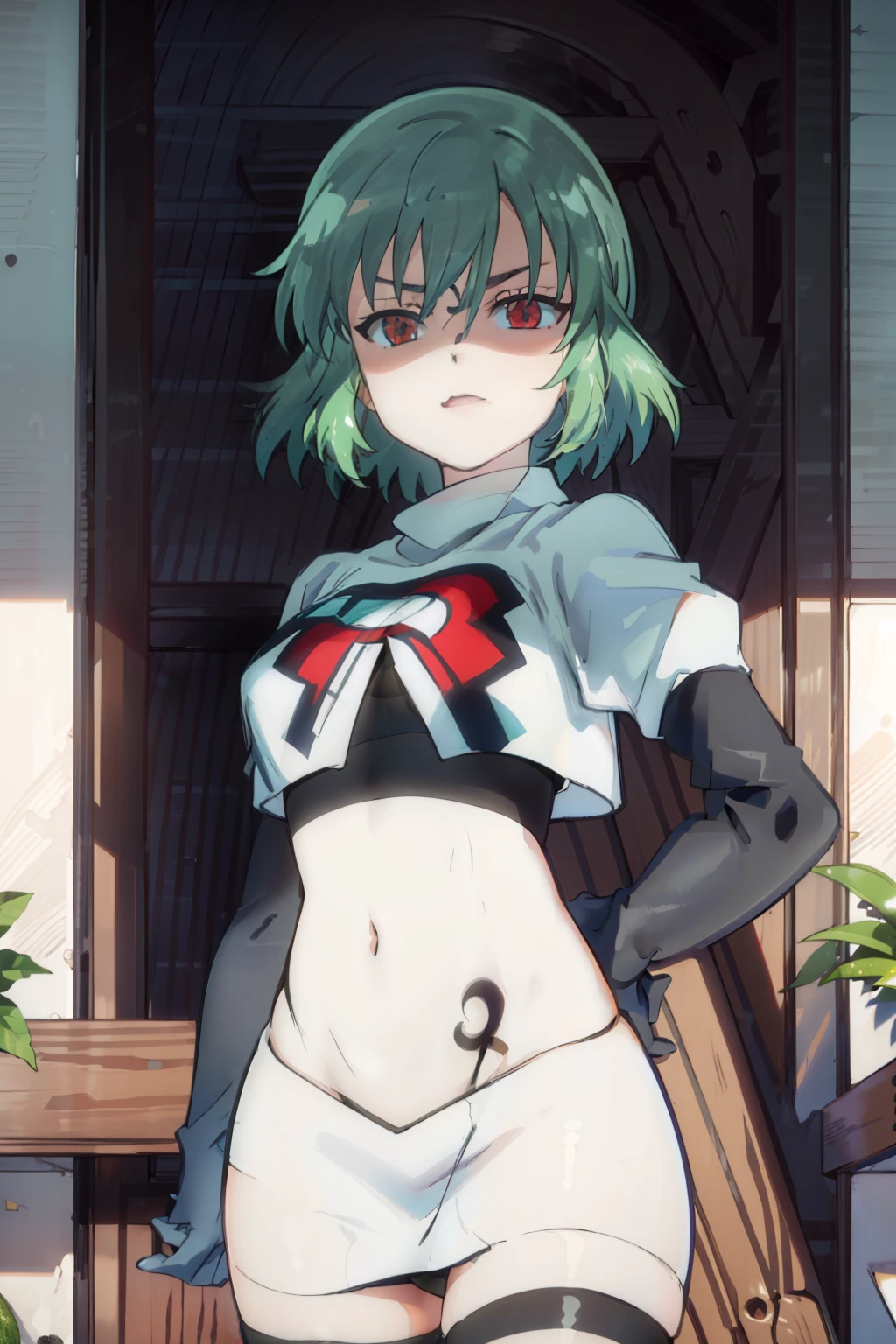 (((pixel-perfect, detail-perfect))), solo, 1girl, hikage, crop top, tattoo, looking at viewer, shaded face, v-eyebrows, team rocket,team rocket uniform, red letter R, white skirt,white crop top,black thigh-highs,black elbow gloves,