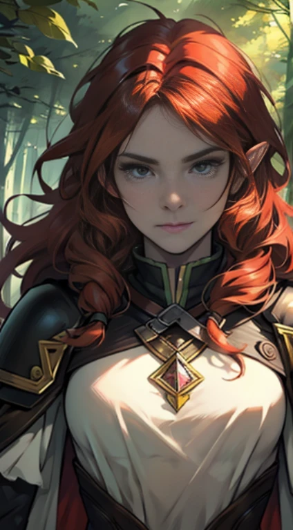 Sketch reinforcement，pencil drawing，Intensify pencil strokes，(masterpiece, best_quality, ultra-detailed, immaculate: 1.3), epic, illustration, wood elf scout, fantasy leather armor, green cloak, auburn hair, ((auburn colored hair)), very long, bright eyes, symmetrical eyes, in a lush spring forest, bombshell hair, hair blowing in wind, cute determined expression, dense forest
