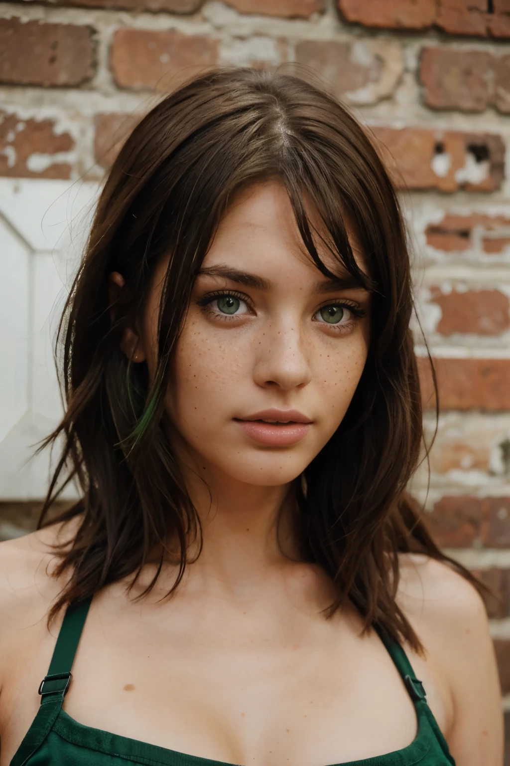 Brunette with green eyes, looking at the camera.