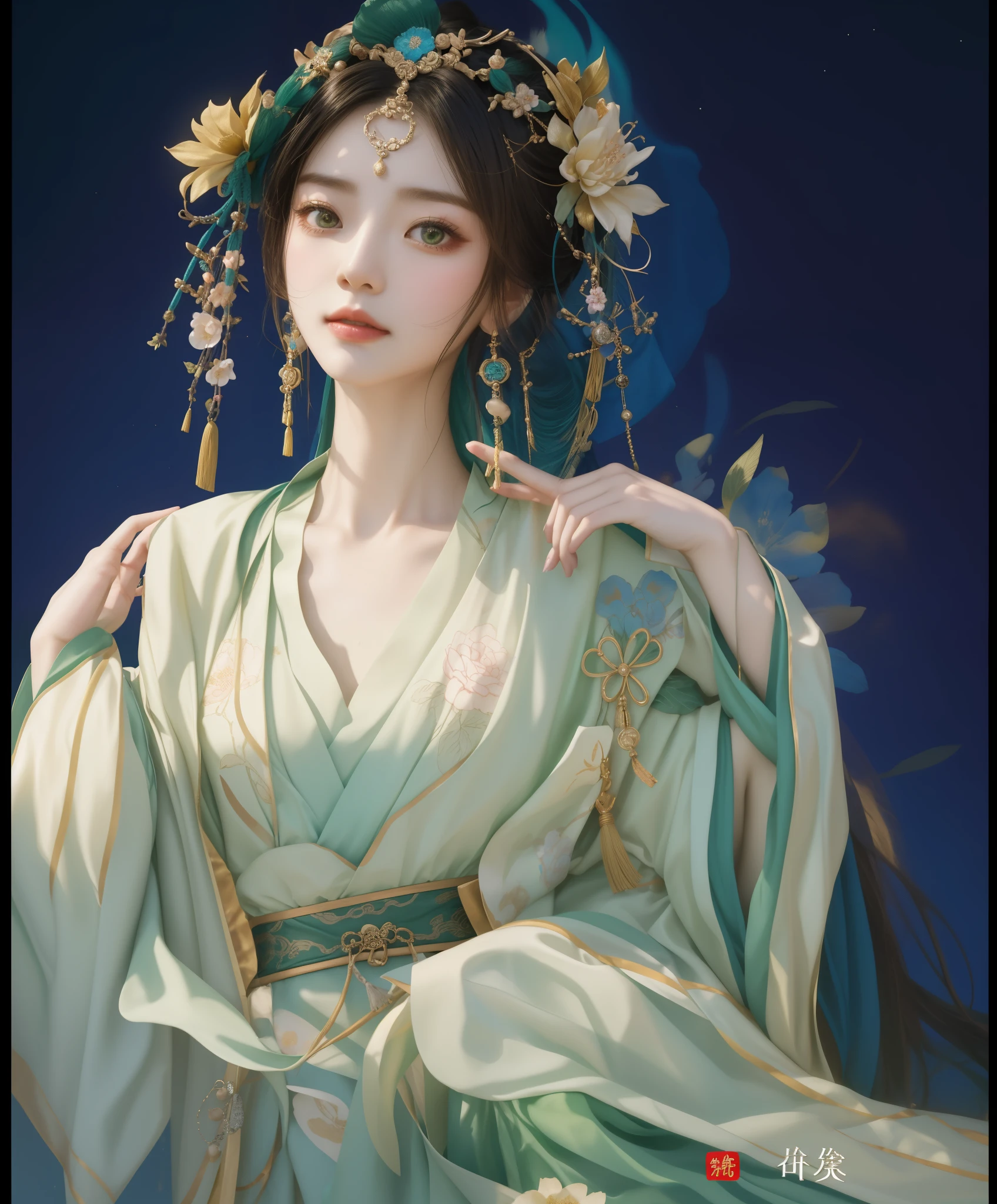 Wearing a green dress、Araf woman with flower crown on her head, palace , A girl wearing Hanfu, wearing chinese clothes, hanfu, Chinese beautiful woman, chinese princess, Beautiful rendering of the Tang Dynasty, xianxia fantasy, full body xianxia, China costume, Ruan Jia Meili!, Pair with Chinese clothing