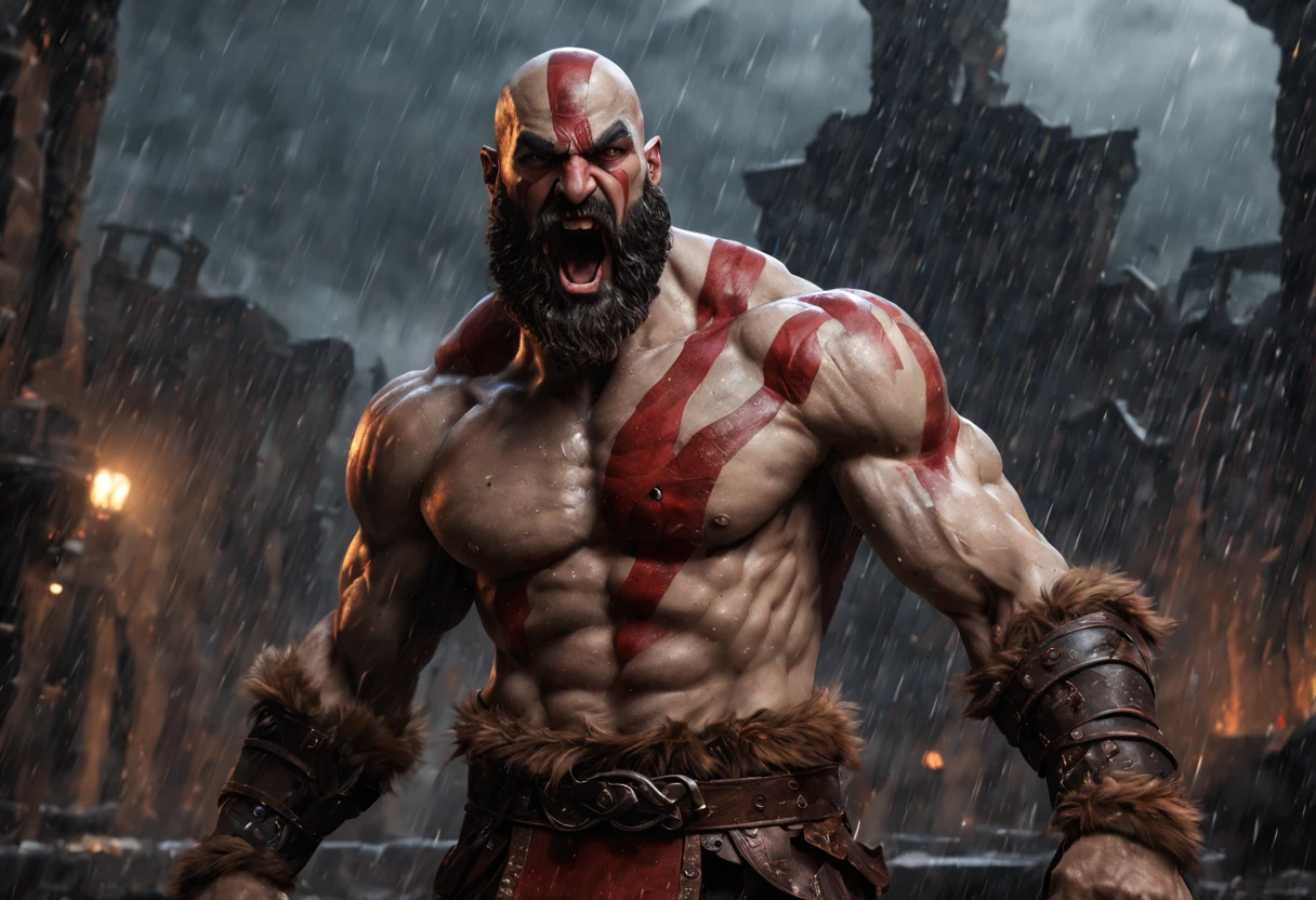 (professional 3d render:1.3) af (Realistic:1.3) most beautiful artwork photo in the world,Features soft and shiny male heroes, ((Epic hero fantasy muscle man KRATOS rough wet hero angry look long hair short beard and ferocious expression in dynamic pose, Fantastic location, Majestic cluttered environment)), full body 8k unity render, action shot, skin pore, very dark lighting, heavyshading, Detailed, Detailed face, (vibrant, photograph realistic, Realistic, Dramatic, Dark, Sharp focus, 8K), (Old leather garments damaged by weathering:1.4), ((((Wear fur)))), (Intricate:1.4), decadent, (Highly detailed:1.4), Digital painting, rendering by octane, art stations, concept-art, smooth, Sharp focus, illustration, Art germ, (loish:0.23), wlop ilya kuvshinov, and greg rutkowski and alphonse mucha gracias, (Global illumination, Studio light, volumettic light), heavy rain, particles floating, lotr, fantasy, elf, full bodyesbian, ((Dark and ancient city background:1.3)),CGSesociety,art stations, Fighting giant muscular T-Rex Theriantrophy ready to fight it. (BACK ANGLE), ray tracing, Bokeh