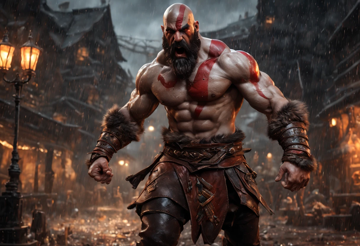 (professional 3d render:1.3) af (Realistic:1.3) most beautiful artwork photo in the world，Features soft and shiny male heroes, ((Epic hero fantasy muscle man KRATOS rough wet hero angry look long hair short beard and ferocious expression in dynamic pose, Fantastic location, Majestic cluttered environment)), full body 8k unity render, action shot, skin pore, very dark lighting, heavyshading, Detailed, Detailed face, (vibrant, photograph realistic, Realistic, Dramatic, Dark, Sharp focus, 8K), (Old leather garments damaged by weathering:1.4), ((((Wear fur)))), (Intricate:1.4), decadent, (Highly detailed:1.4), Digital painting, rendering by octane, art stations, concept-art, smooth, Sharp focus, illustration, Art germ, (loish:0.23), wlop ilya kuvshinov, and greg rutkowski and alphonse mucha gracias, (Global illumination, Studio light, volumettic light), heavy rain, particles floating, lotr, fantasy, elf, full bodyesbian, ((Dark and ancient city background:1.3)),CGSesociety,art stations, Fighting giant muscular T-Rex Theriantrophy ready to fight it. (BACK ANGLE), ray tracing, Bokeh