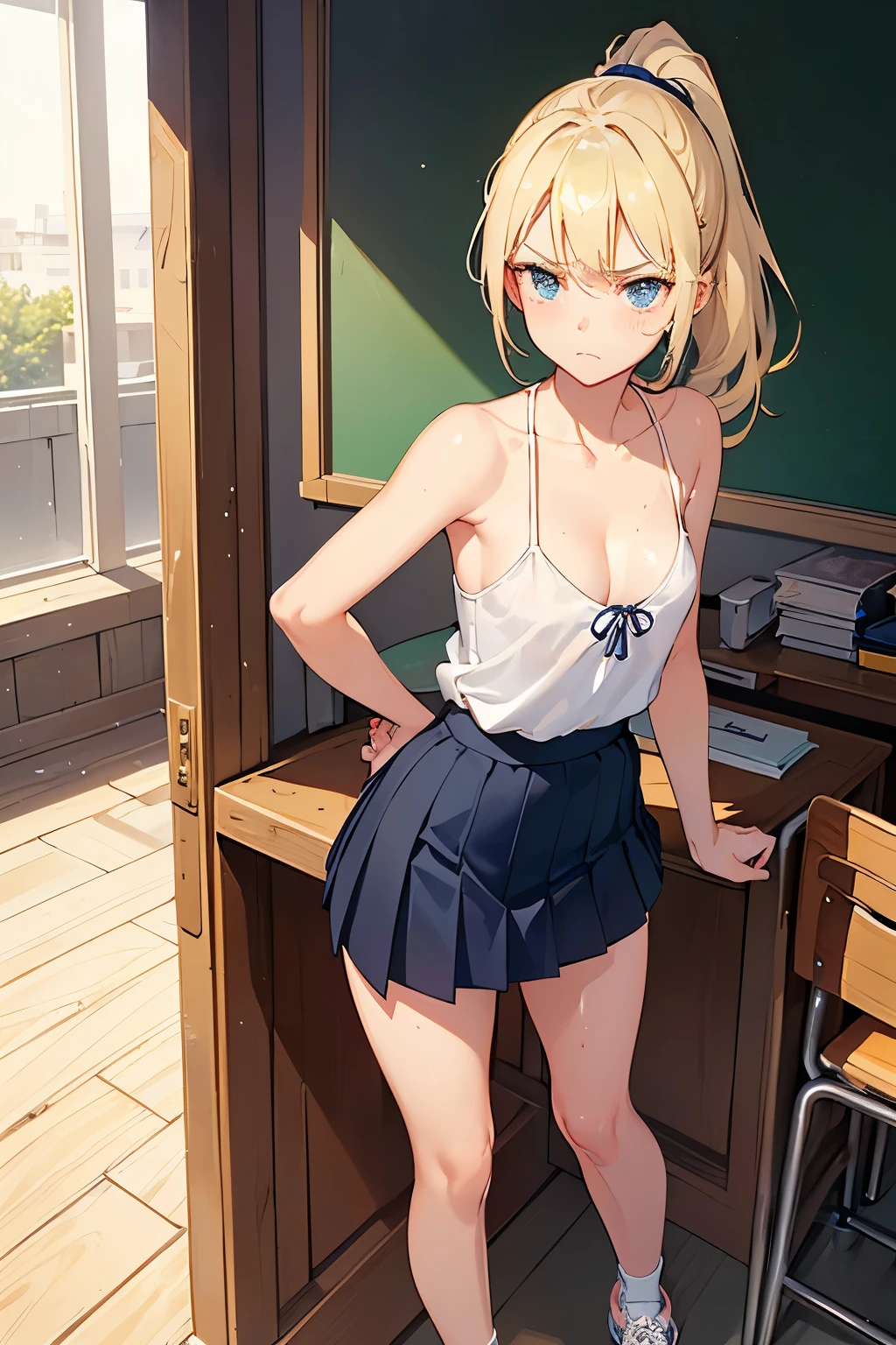 (beautiful), (cute), (hot), (thin), (), (sunburned skin), (small), (medium breasts), (high ponytail), (blonde hair), (teengirl), (Are standing), (good), (classroom), (thinウエスト), (frown), (shy), (shy arms), (embarrassing), (Mid-length dark blue pleated skirt), (thighs), (cleavage), (wearing sneakers)
