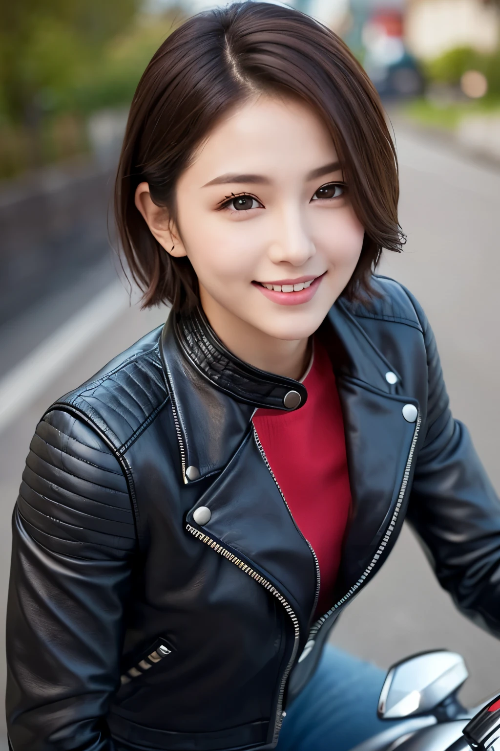 ((best quality)), ((masterpiece)), (leather jacket), ((detailed face)), detailed eyes, perfectly shaped beautiful woman&#39;s face、((I can see the whole body))、Motorcycle Women, smile, Metallic boots, The wind is blowing、short hair、leather pants