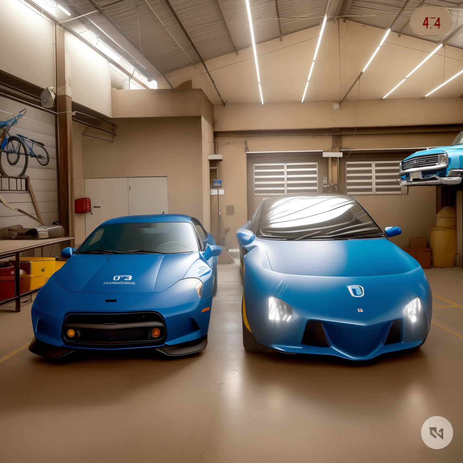 dois carros cobertos de capas azuis em uma garagem com um carro ao fundo, car garage, vistas laterais frontais completas, f32, f 3 2, capas de corpo com cristais neon, totalmente coberto, Detalhe imaculado, hiper detalhado!!, difference in size, azul ou vermelho, Detalhe final, carros realistas, hiper-realista, moderno minimalista f 2 0 limpo