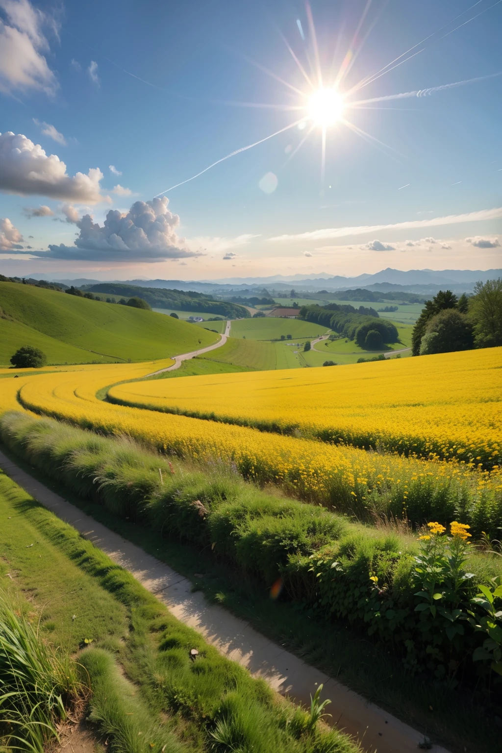 A lush green grassland,Sway gently with the breeze,Like a soft hair of the earth。sun shining through clouds,Sprinkle golden light,Make the grassland look more dazzling。