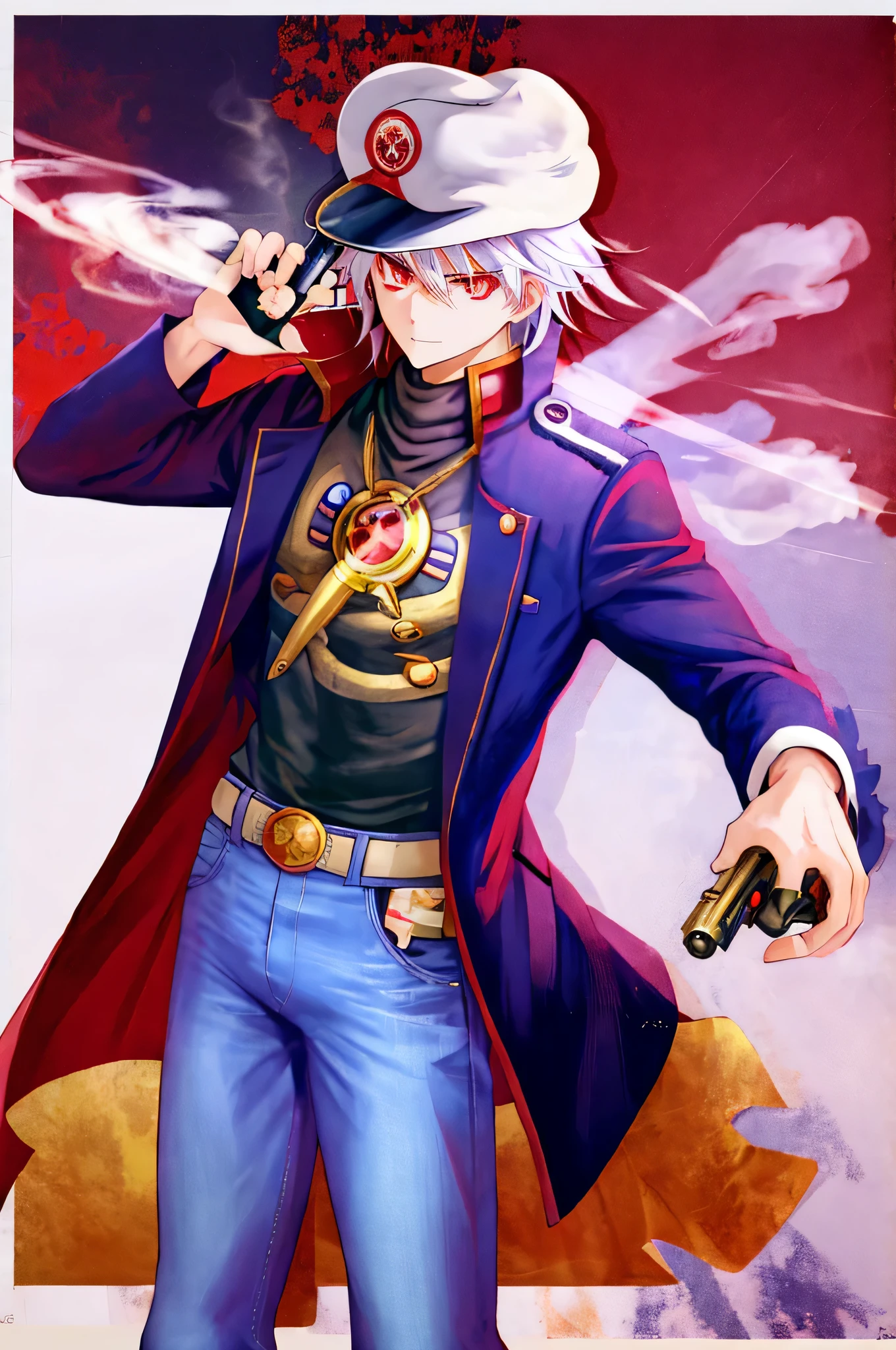 anime male with white hair red eye with a crosshair design. He wears a hat and smokes while having a golden revolver in his hand. He wears trenchcoat and jeans. He also has a revolver on his back.
