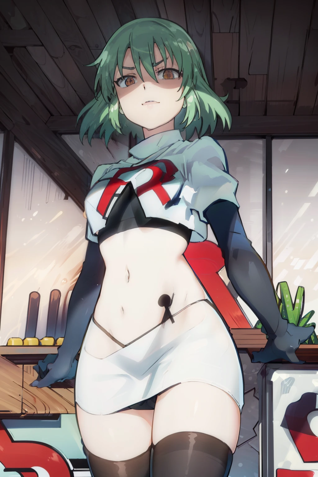 (((pixel-perfect, detail-perfect))), solo, 1girl, hikage, crop top, tattoo, looking at viewer, shaded face, v-eyebrows, team rocket,team rocket uniform, red letter R, white skirt,white crop top,black thigh-highs,black elbow gloves,