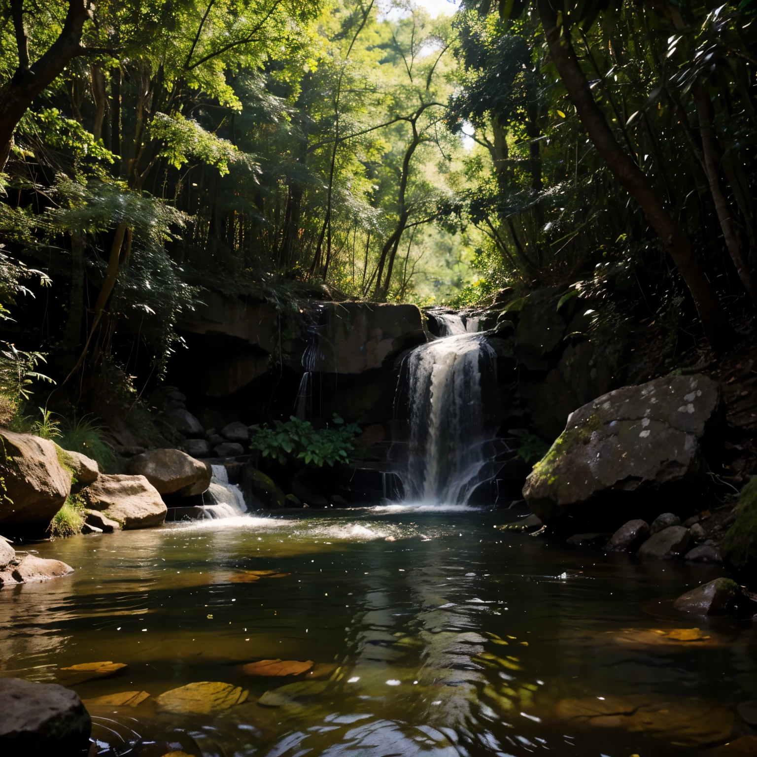 a small, tranquil grotto with a stream running through, it in the african savannah