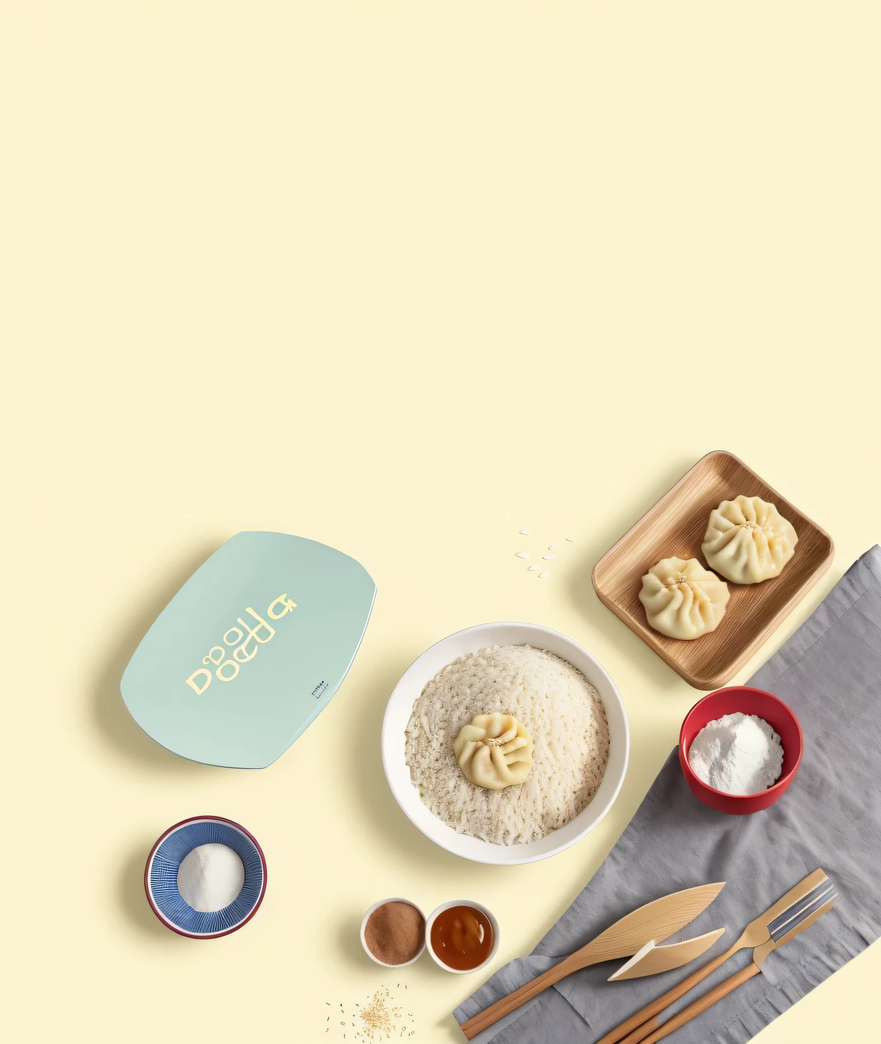 Flour dough dumplings floating in the air, noodle cutter cutting dough, rice dough, flour, kitchen, photo realistic, realistic, sunlight, high definition, 8K, high definition aesthetics, delicate, 4k,there are many different types of food being thrown into the air, product introduction photo, product photo,product design shot, high quality topical render, cuisine, flat, official product photo, spectacular quality, 3d product