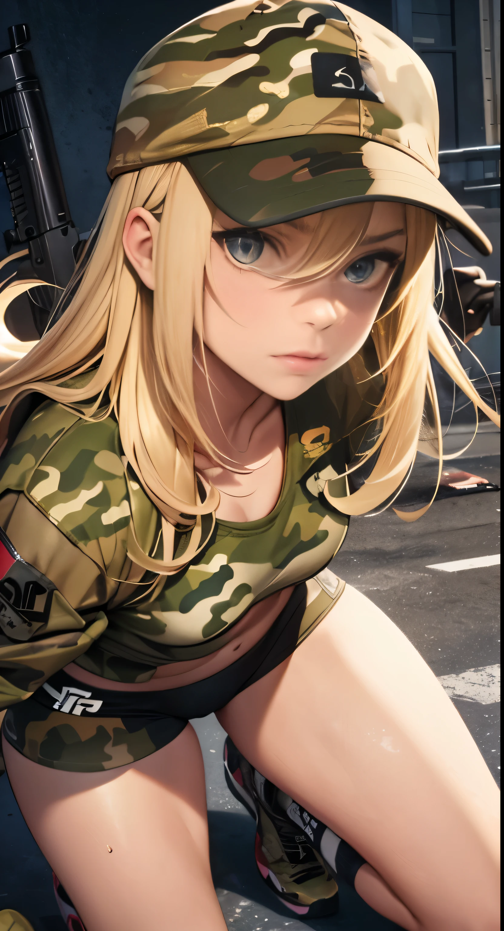 Close up portrait of woman with gun, blonde long hair, baseball cap, small details. female action girl, full body portfolio, in an urban combat zone, gun action, big ass, socks, sneakers, dull bangs, adult woman, belly button, crack, 25 years old, ((Camouflage training wear)), camel toe,