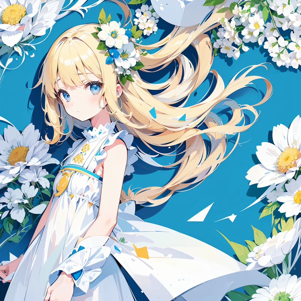 (1 girl, blonde hair, blue eyes, white sundress, cute, kawaii), (blue moon, white flower field, green road, geometric pattern), (low contrast, flat color, limited palette)