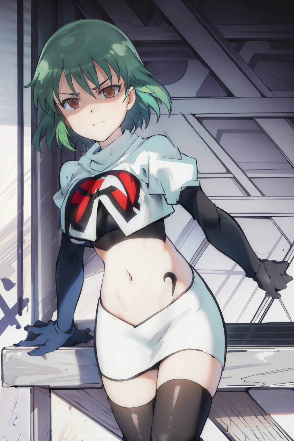 (((pixel-perfect, detail-perfect))), solo, 1girl, hikage, crop top, tattoo, looking at viewer, shaded face, v-eyebrows, team rocket,team rocket uniform, red letter R, white skirt,white crop top,black thigh-highs,black elbow gloves,