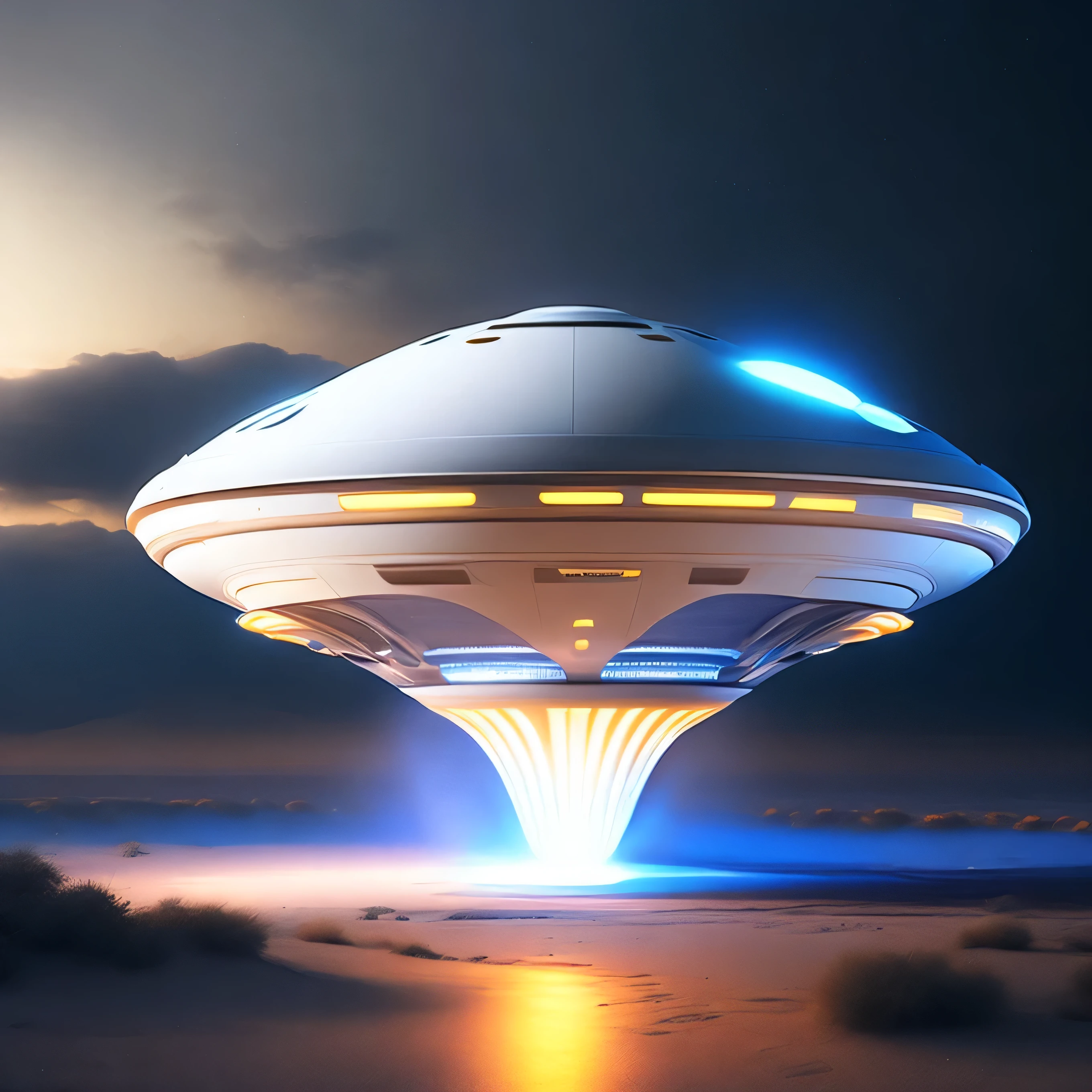 UFO,sci-fy，White shell，High quality，Excellent，( globalillumination, ray traycing, HighDynamicRange, unreal render,Reasonable design, tmasterpiece, Best quality, hyper HD, 灯光)