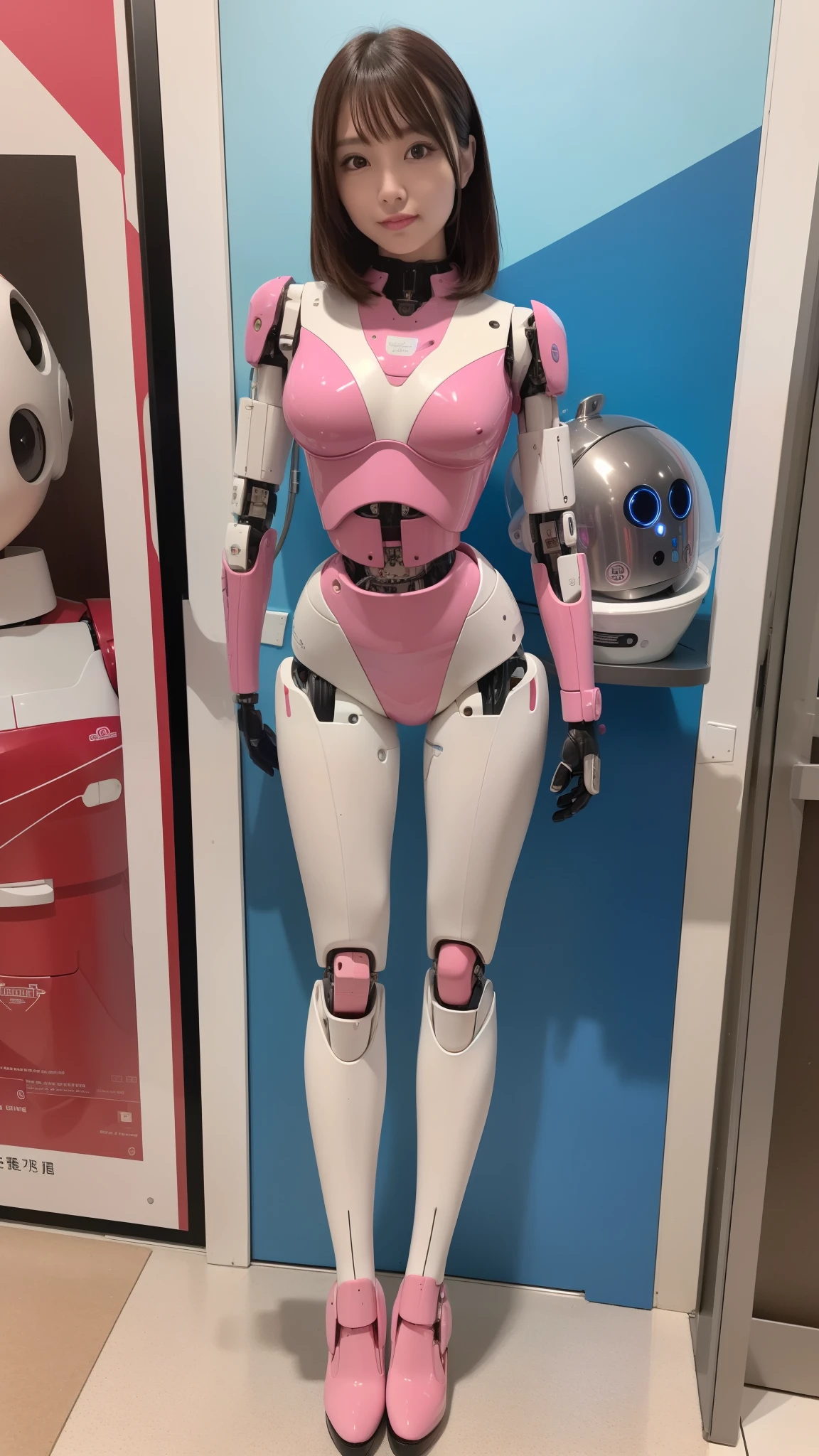 masterpiece, best quality, extremely detailed, (8K, 4K, Best Quality, Hight resolution, 超A high resolution:1.1), 8K portrait,1girl in, Japanese android girl, android teacher, control panels, android, Droid, Mechanical Hand, ,Robot arms and legs, Black hair, Mechanical body, Blunt bangs, Pink Robotics Parts, perfect robot woman, Charging spot, Long Tube, A thick cable was connected to her neck, ceramic body , android, robot humanoid, panty, full eyes, perfect mechanical body, pink robotics body, future assembly plant, Pink body, She has repaired, lack sponge joints, android assembly plant, android, laboratory, platform boots, perfect machine body, pink robot body