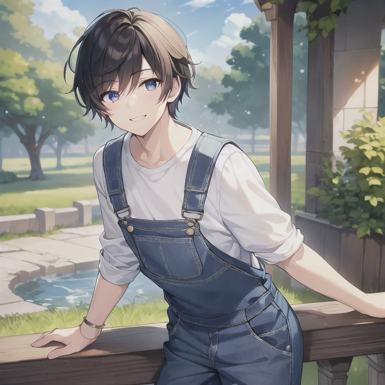 masterpiece, best quality, HDR 1boy, solo, dark hair, dark eyes, white shirt, blue overalls, smile, farm