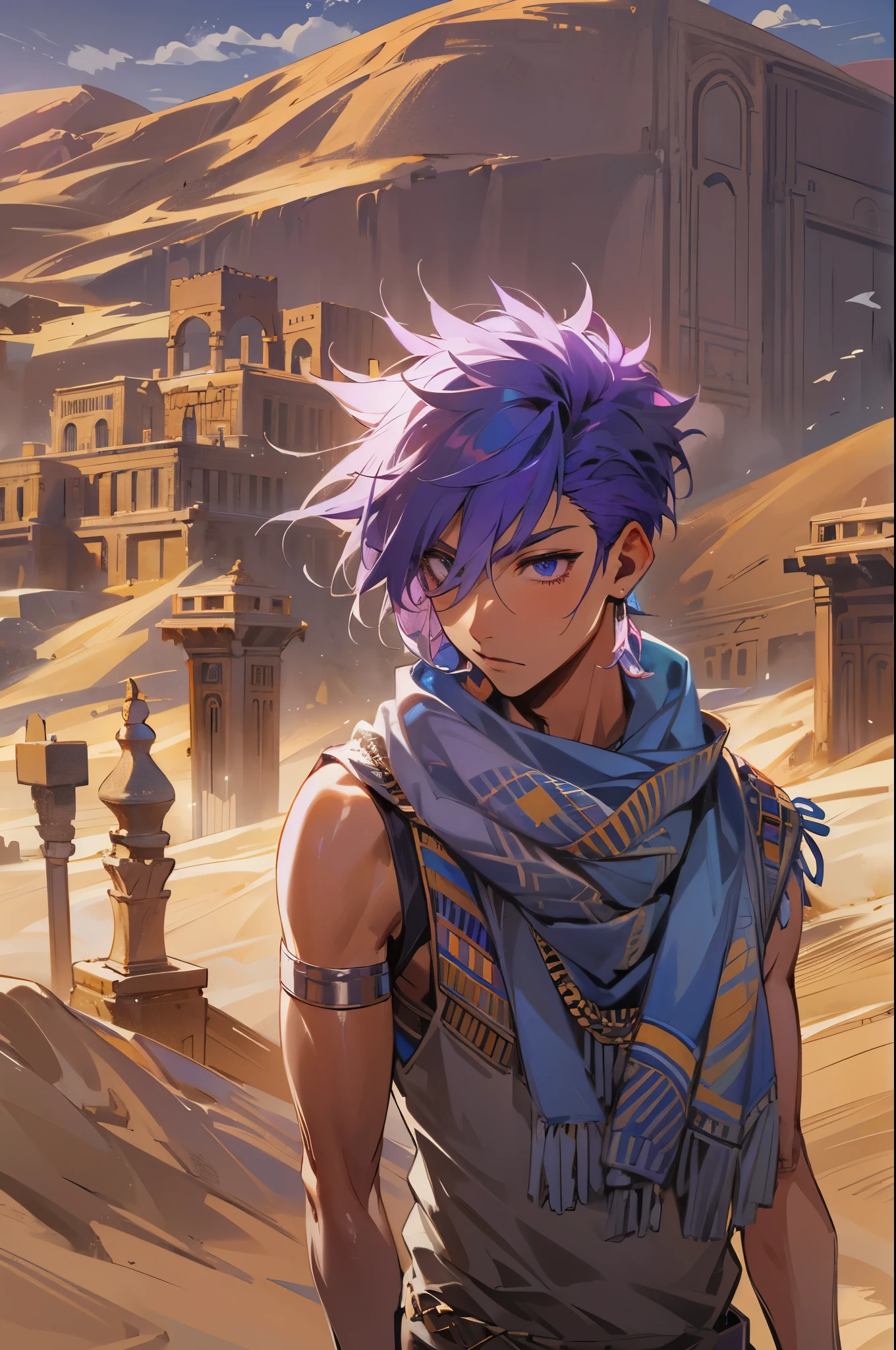 1male, purple hair, messy spikey hair, egyptian clothing, egyptian scarf over face, desert town background,
