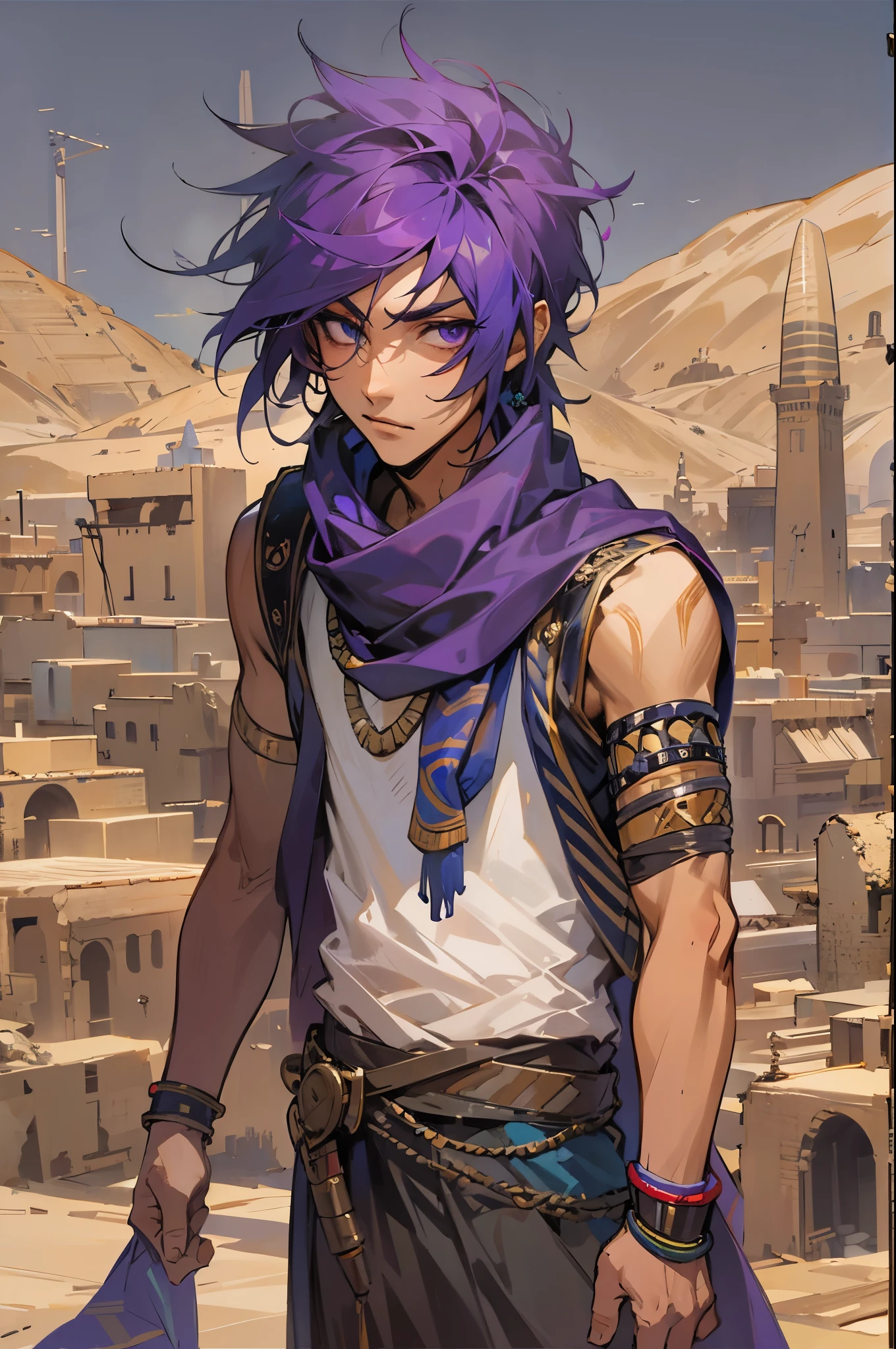 1male, purple hair, messy spikey hair, egyptian clothing, egyptian scarf over face, desert town background, 