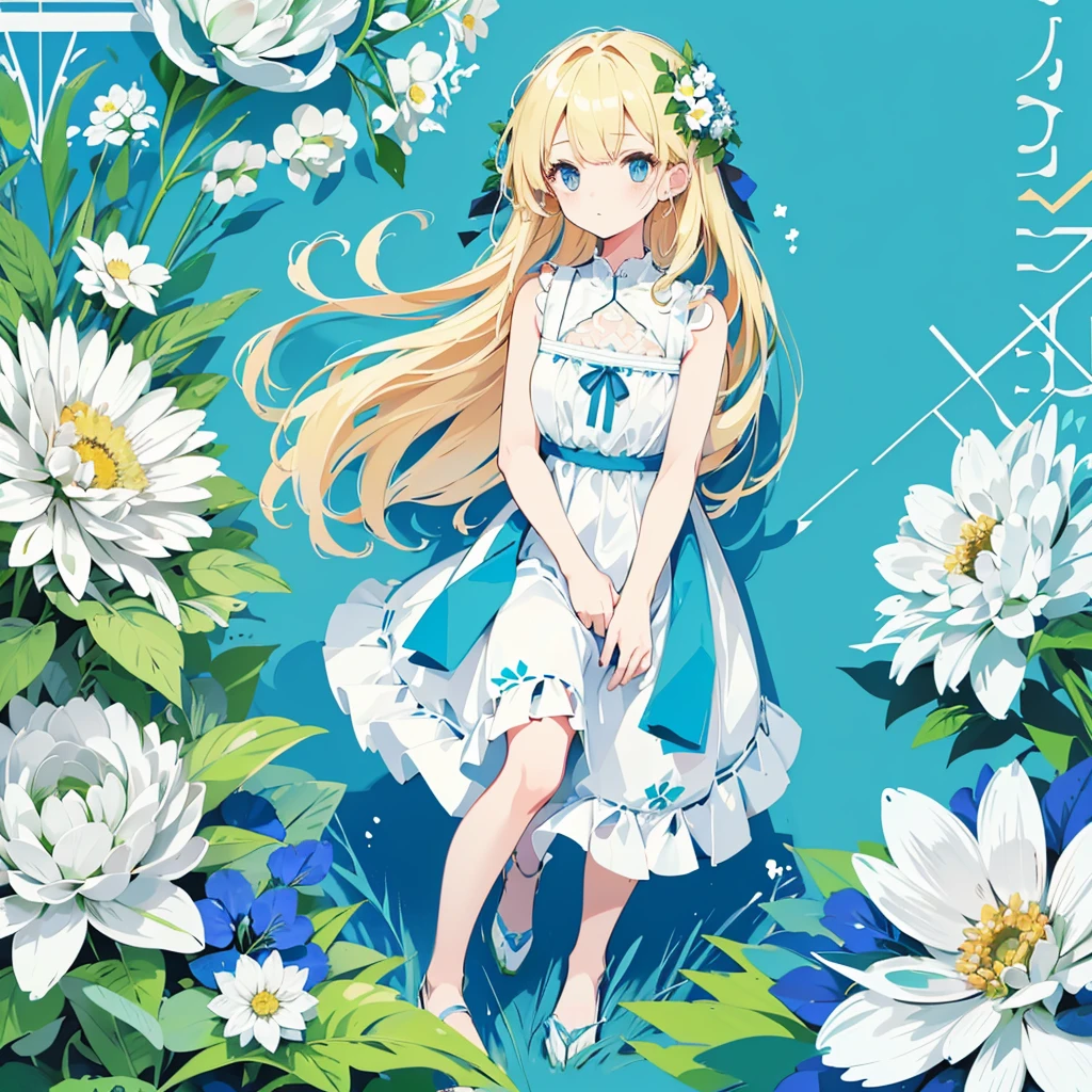 (2 girls, blonde hair, blue eyes, white sundress, cute, kawaii), (blue moon, white flower field, green road, geometric pattern), (low contrast, flat color, limited palette)