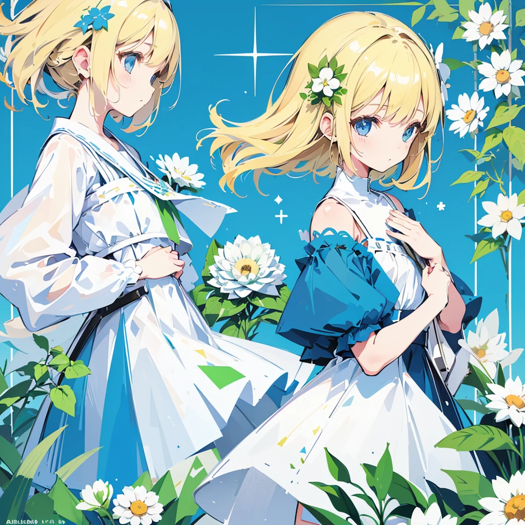(2 girls, blonde hair, blue eyes, white sundress, cute, kawaii), (blue moon, white flower field, green road, geometric pattern), (low contrast, flat color, limited palette)
