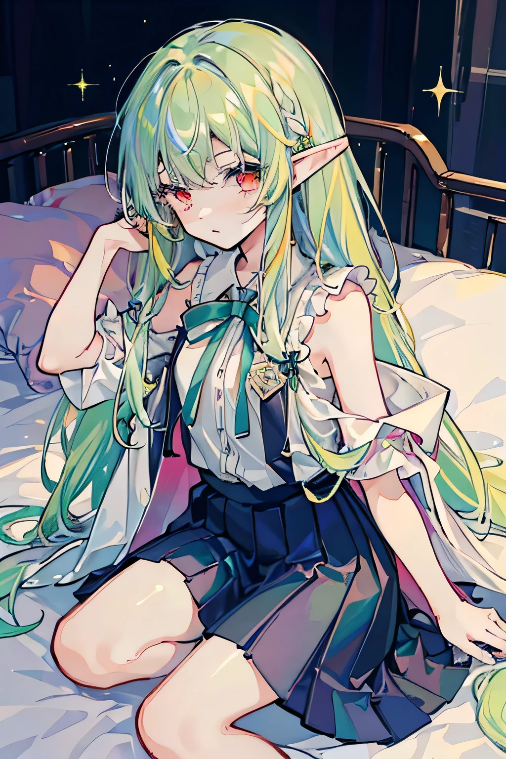 Cute as a dream、a pale、​masterpiece、top-quality、top-quality、watercolor paiting(Curly)、official art、Beautifully Aesthetic:1.2)、(a beauty girl:1.atterns、(、shoulder length Green hair, ((long hair)), colourful hair:1.2)、sparkles、colourfull、Hair spreads throughout、kawaii、pastels、Large ribbons、Rainbows, (1 girl solo), pastel colors, lots of accessories, red eyes,young girl,elf,laying on bed,modern clothes,School uniform
