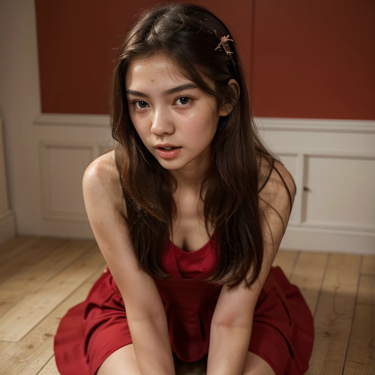 (best quality)), (masterpiece)), (detailed), perfect face, Thais Girl, 16 Years, Gaunt, small breast s, long hair style, sweat, nose blush, opened eyes, open mouth, red dress, frog-sit on the floor style,