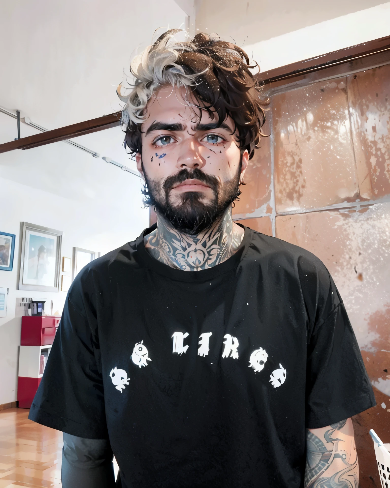 Pc Siqueira, Face destroyed, messy hair and beard, tattoo on the arms and neck, rosto extremamente detalhado, eyes physically aligned and with clear promotion