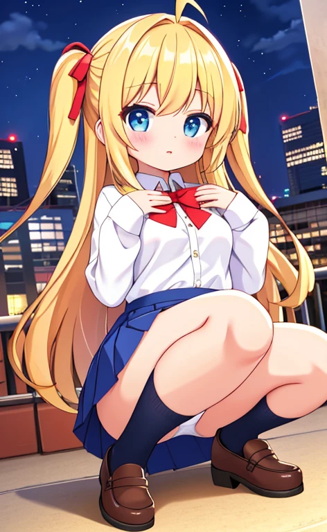 Beautiful long blonde hair Squat with your legs apart small tits Low - Angle facing the front high school girl pleated skirt mini skirt long sleeve white panties downtown at night put your hand on your chest