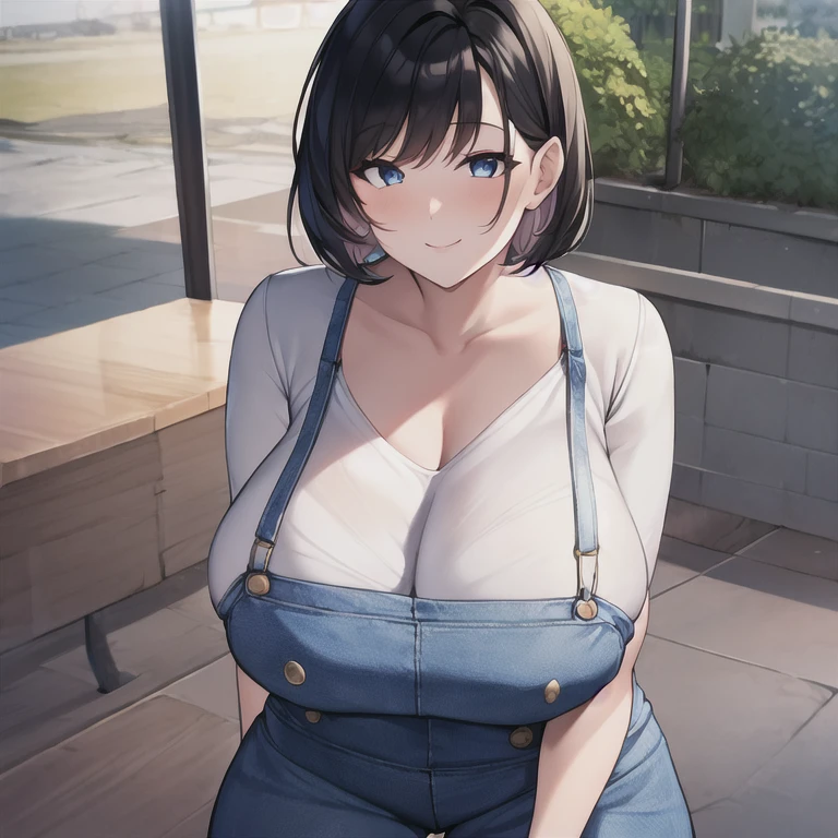 masterpiece, best quality, HDR, 1girl, solo, mature female, milf, motherly, huge breasts, narrow waist, wide hips, curvy, dark hair, very short hair, swept bangs, short bangs, dark eyes, white shirt, blue overalls, seductive smile, seductive pose, farm
