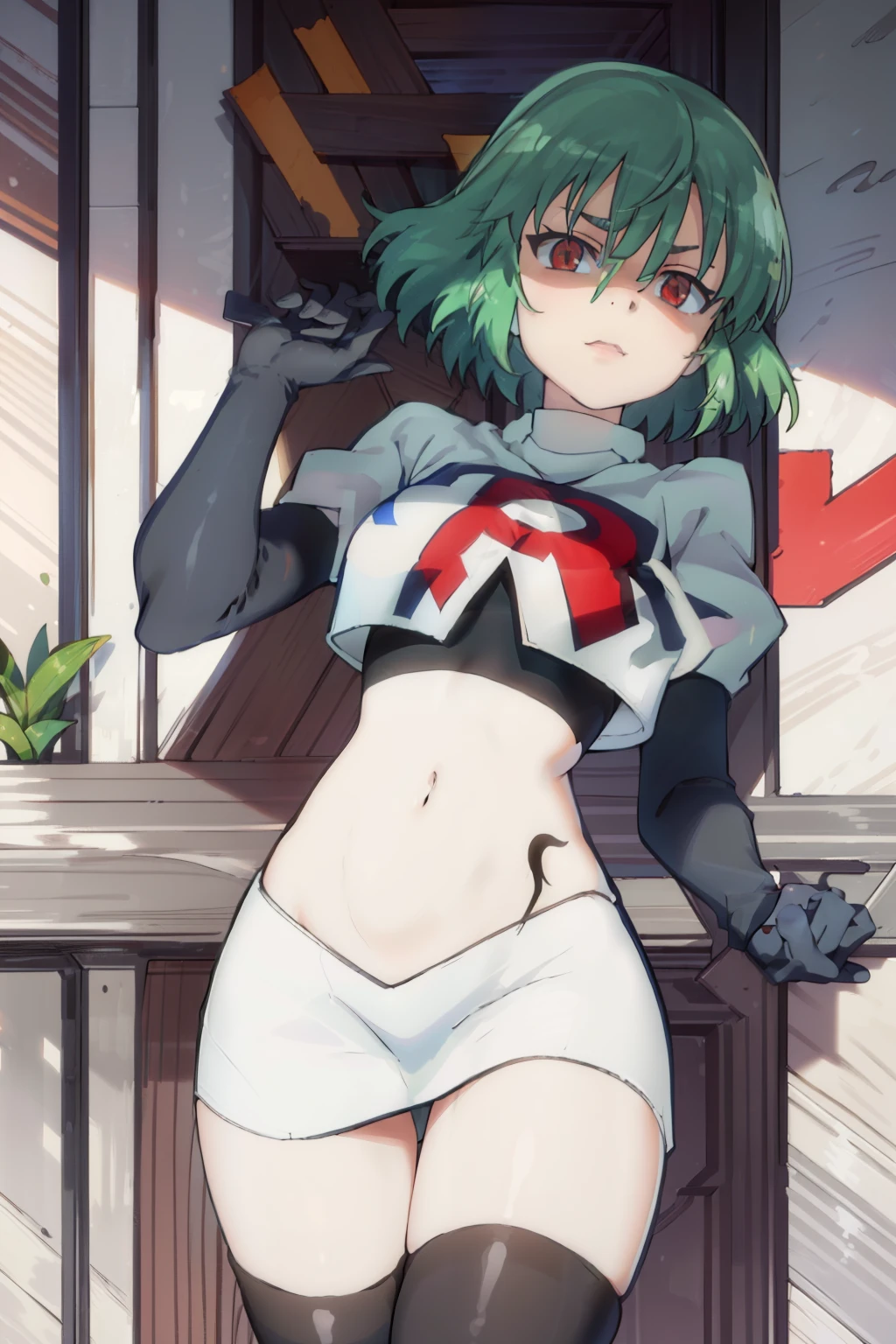 (((pixel-perfect, detail-perfect))), solo, 1girl, hikage, crop top, tattoo, looking at viewer, shaded face, v-eyebrows, team rocket,team rocket uniform, red letter R, white skirt,white crop top,black thigh-highs,black elbow gloves,