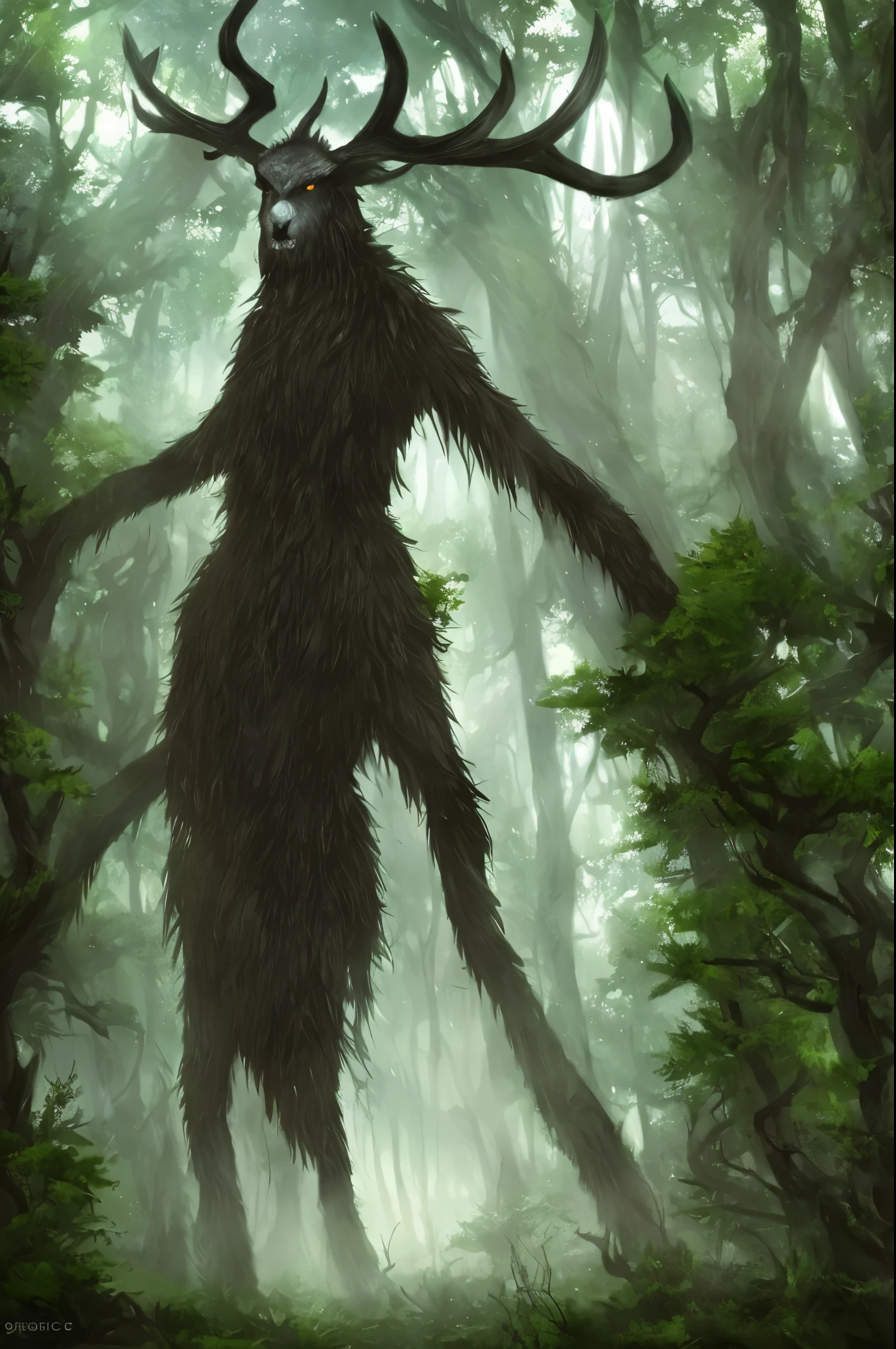 5 meters tall, in a forest, wendigo, digital art, trending on art startion pixiv, magic the gatehring art style , epic fantasy art style,deer,spirit fantasy concept art