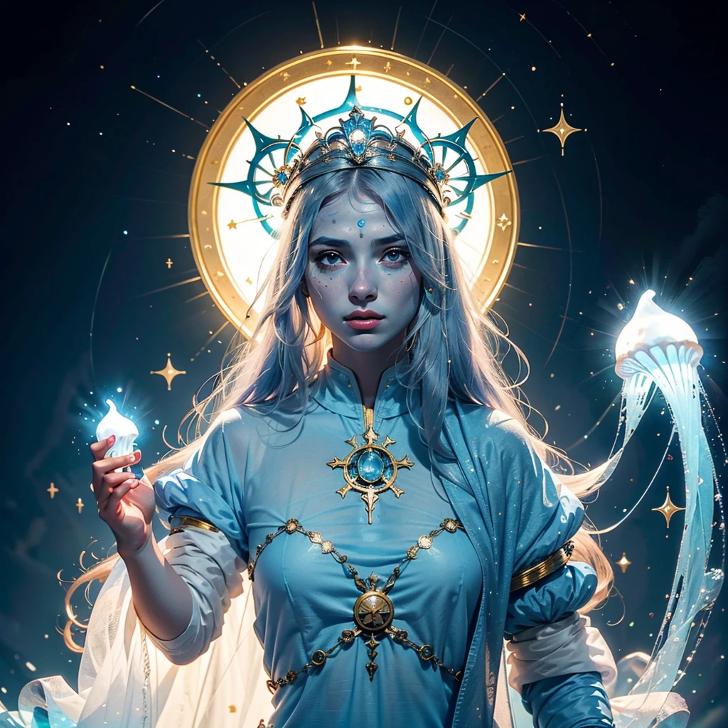 (8k, Foto RAW, melhor qualidade, senhor:1.2), (Realistic, photo-Realistic:1.37) uma imagem dos desenhos animados de uma mulher com cabelo longo e um vestido azul, feiticeira, Obra-prima Deusa da Tristeza, Nos, sacerdotisa, godess do mal, high sacerdotisa, jellyfish sacerdotisa, mystical atlantean valkyrie, portrait knights of zodiac girl, knights of zodiac girl, feiticeira, Vincent di Fate Nausicaa, SEIOS FARTOS, SEIOS GRANDE, PEITO GRANDE, SEIOS QUENTES, ((BLUE SKIN))