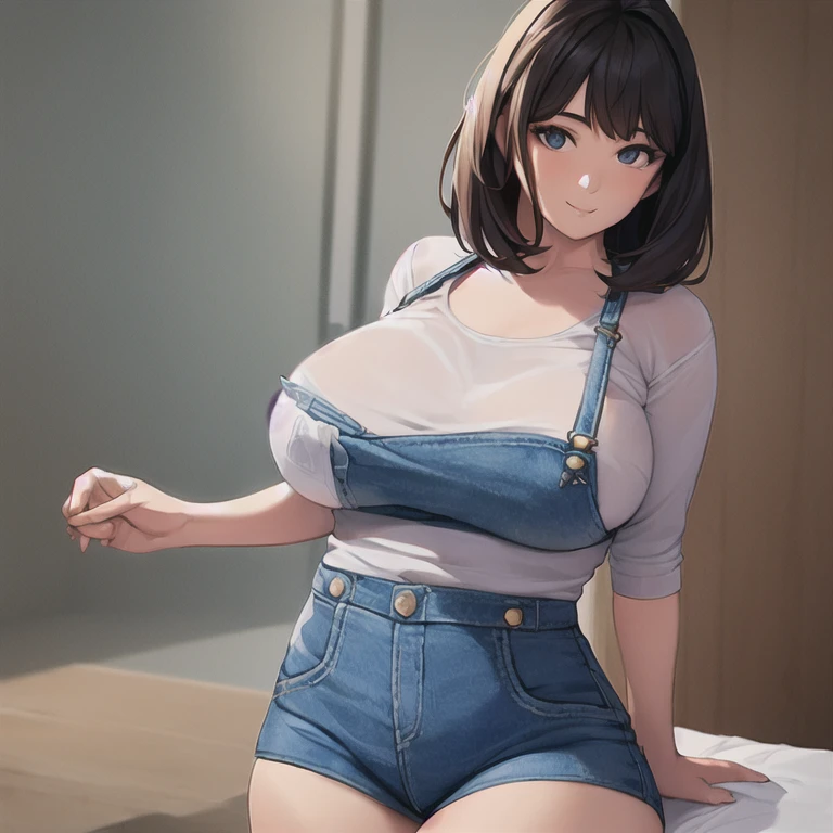 masterpiece, best quality, (realistic), 1girl, solo, mature female, milf, motherly, , narrow waist, wide , curvy, dark hair, very short hair, swept bangs, short bangs, dark eyes, white shirt, blue overalls,  smile,  pose, farm