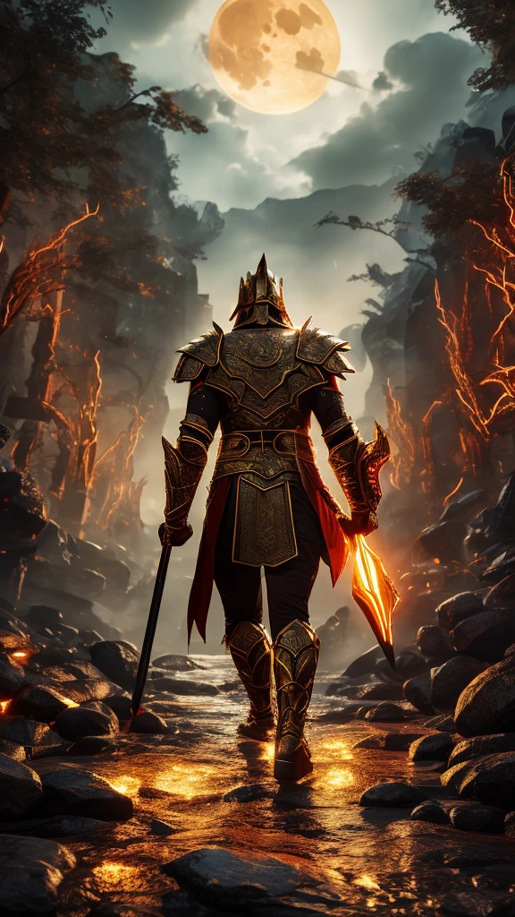 Creature in golden arcane armor holding a sledgehammer with lava and walking in a river of red water and the moon illuminating the environment and many bushes and drops of water on the arcane armor and yellow lights on the arcane armor and details in the background