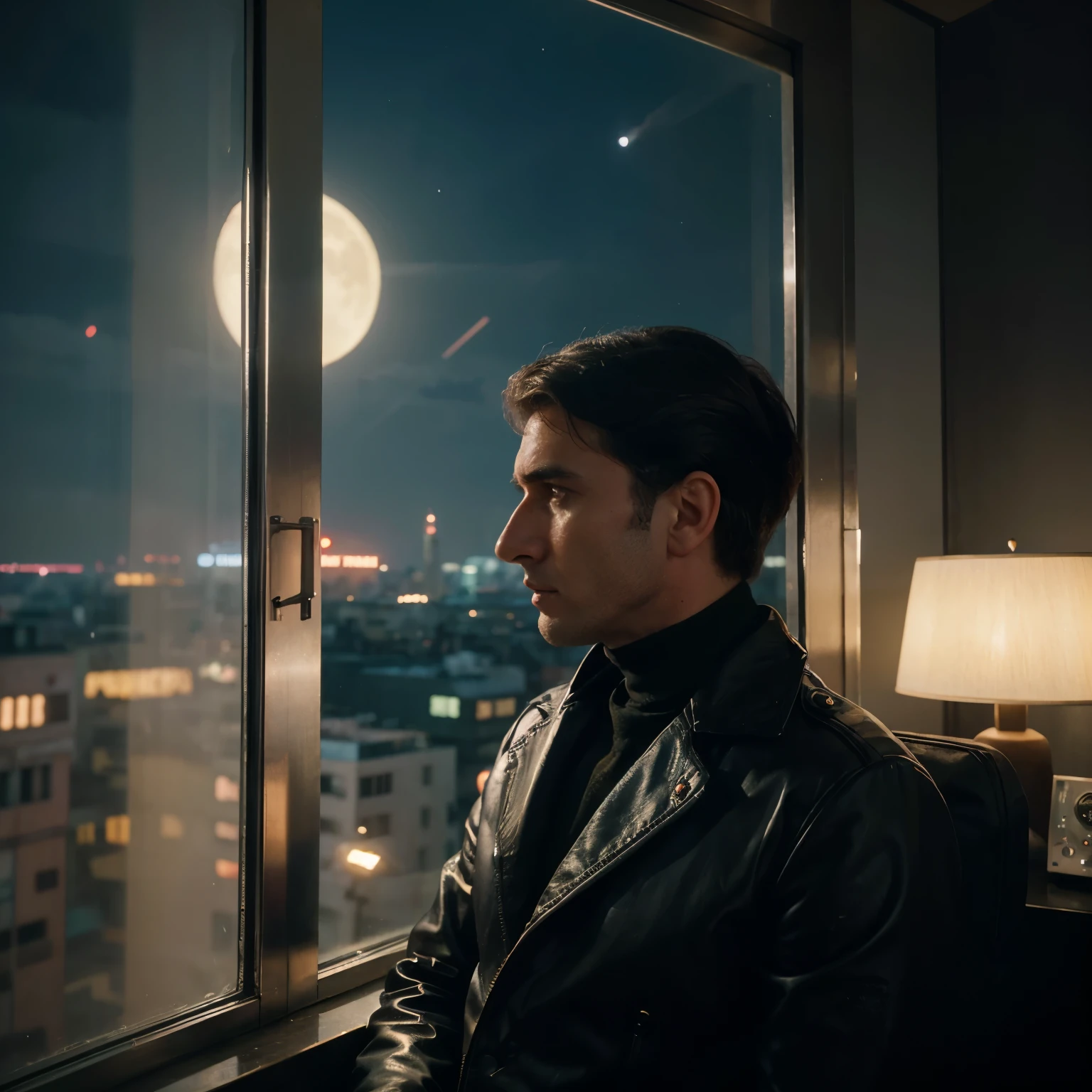 4k image from a 1960s science fiction film by Wes Anderson, Filme O Grande Hotel Budapeste, pastels colors, an big city with neon colors, at night through a window, big city retro futuristic neon, blade runner style, Retro-futuristic from the 60s with old robots, Luz Natural, Psicodelia, futurista estranho, retro-futurista, photo-realistic, Sharp background details, solitude, sadness, lonely man. big moon, man from profile closeup