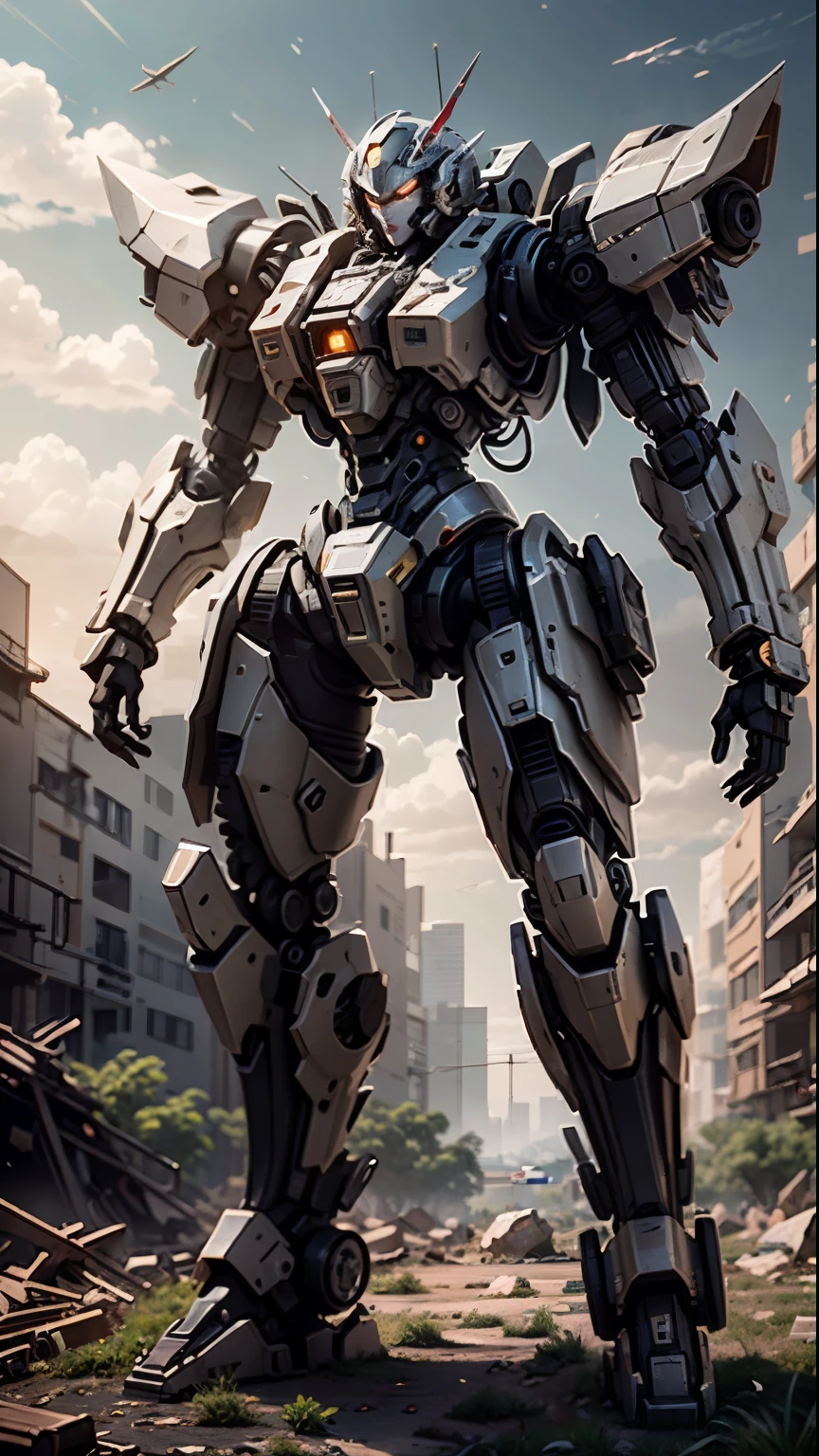 ((Best Quality)), ((Masterpiece)), (Very Detailed: 1.3), 3D, Shitu-mecha, Beautiful cyberpunk woman wearing crown with her mecha in ruins of a city in forgotten war, long silver hair, sci-fi technology, HDR (High Dynamic Range), ray tracing, nvidia RTX, super resolution, unreal 5, subsurface scattering, PBR texture, post-processing, anisotropic filtering, depth of field, maximum sharpness and sharpness, multi-layered texture, Albedo and specular mapping, surface shading, accurate simulation of light-material interactions, perfect ratios, octane rendering, duotone lighting, low ISO, white balance, rule of thirds, wide aperture, 8K RAW, high efficiency sub-pixels, subpixel convolution, luminous particles, light scattering, Tyndall effect
