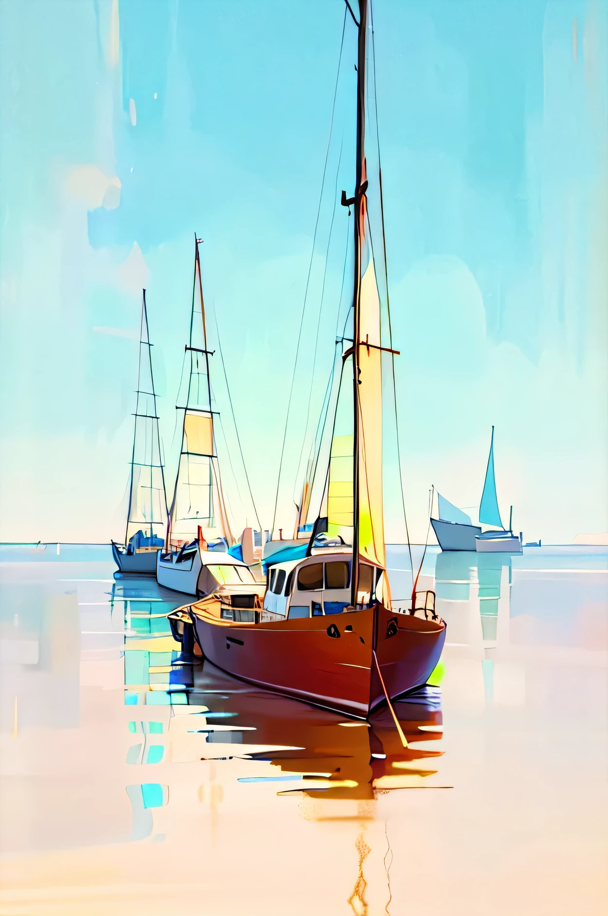 there are three boat that are floating in the water, sailboat, some boat, wooden sailboat, three masts, sailboat in the water, sail boat, boat, anchor, sailing boat, digitally painted, boat in the water, yacht, Harbor, Rendered illustration, with water and boat, digital rendering, dinghy, sailboat, Rendered