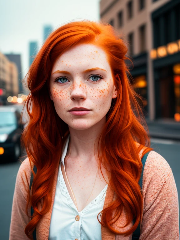 a 17mm ultrawide angle, portrait of a (redhead:1.2), freckles teacher, staying on the street of modern city, [ : white shirt : 18], slate atmosphere, lightroom, 35mm film, cinematic, dimmed colors, dark shot, muted colors, film grainy, lut, insane details, intricate details, hyperdetailed, closeup, twilight, hot