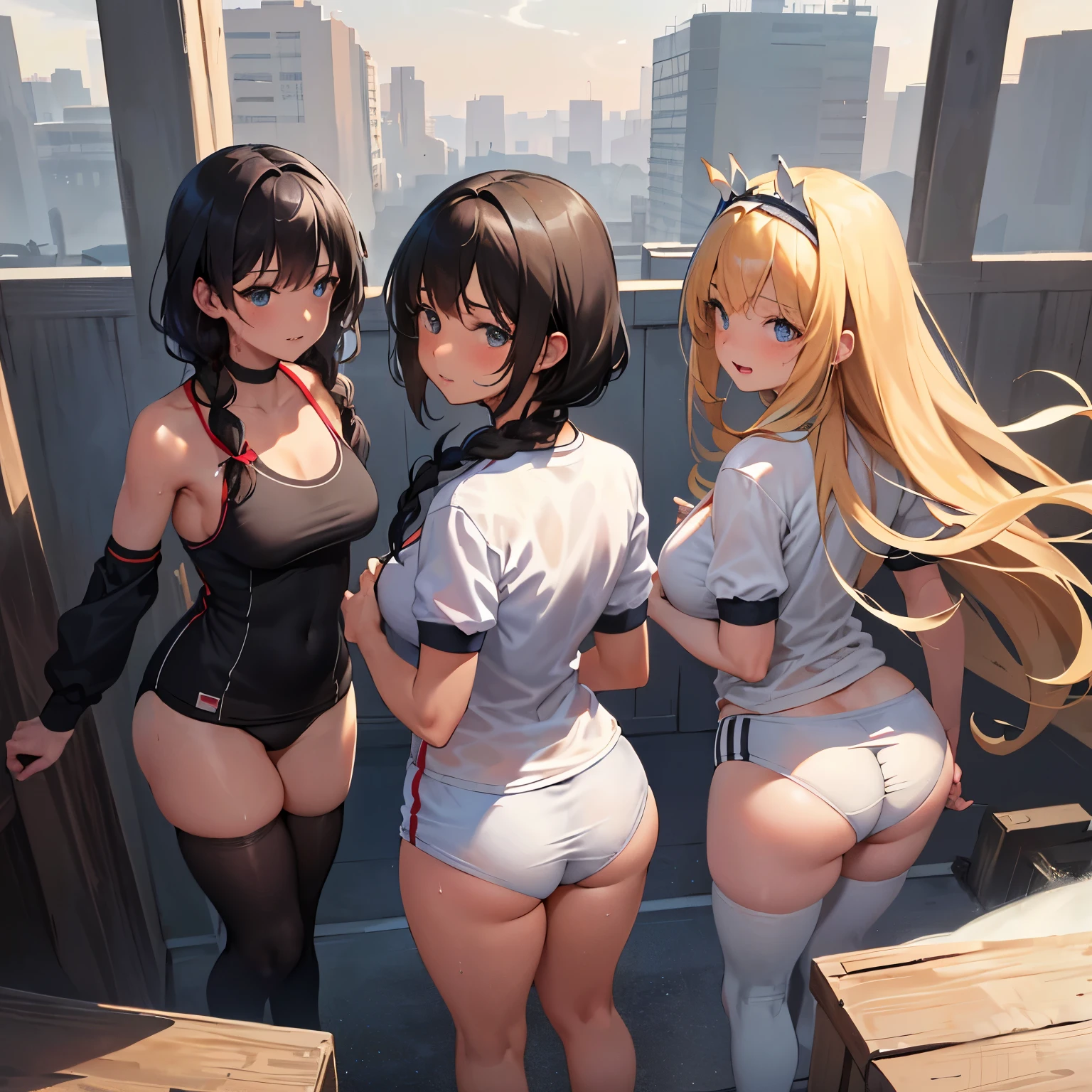 NSFW,very detailed, masterpiece, highest quality, (three girls:1.3), looking at the viewer, (Sweat:1.2),(embarrteethed:1.0), smile, big breasts, School, (Gym suit, bloomers:1.2), (teeth, butt focus:1.2), behind, (long hair:1.1), dull bangs, (crown blade:1.0), {mix-fus-of-(light blown hair)-(bob cut:1.0)-black eyes-ribbon}, {mix-fus-of-black-hair-straight-(brown eyes)}, {mix-fus-of-(blonde hair:1.1)-(Multiple braids)-blue eyes},  Rear angle, behind