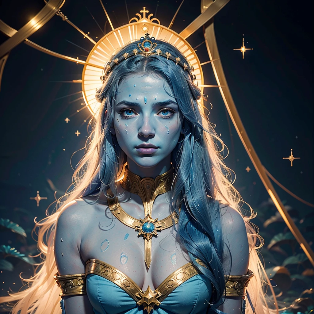 (8k, Foto RAW, melhor qualidade, senhor:1.2), (Realistic, photo-Realistic:1.37) uma imagem dos desenhos animados de uma mulher com cabelo longo e um vestido azul, feiticeira, Obra-prima Deusa da Tristeza, Nos, sacerdotisa, godess do mal, high sacerdotisa, jellyfish sacerdotisa, mystical atlantean valkyrie, portrait knights of zodiac girl, knights of zodiac girl, feiticeira, Vincent di Fate Nausicaa, SEIOS FARTOS, SEIOS GRANDE, PEITO GRANDE, SEIOS QUENTES, ((BLUE SKIN))